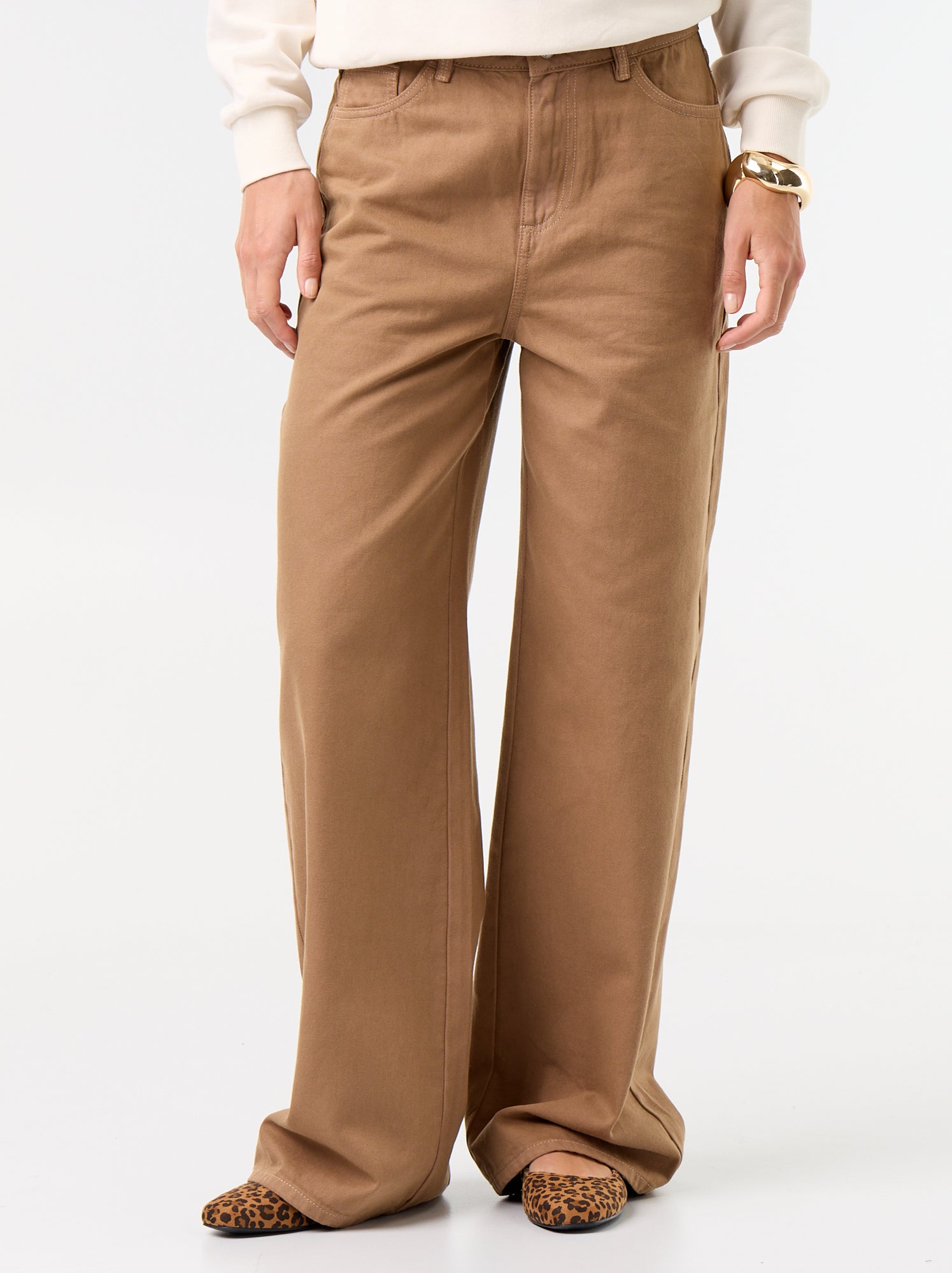 Pantalon en twill taille haute coupe wide leg - Marron (GBL73_3)
