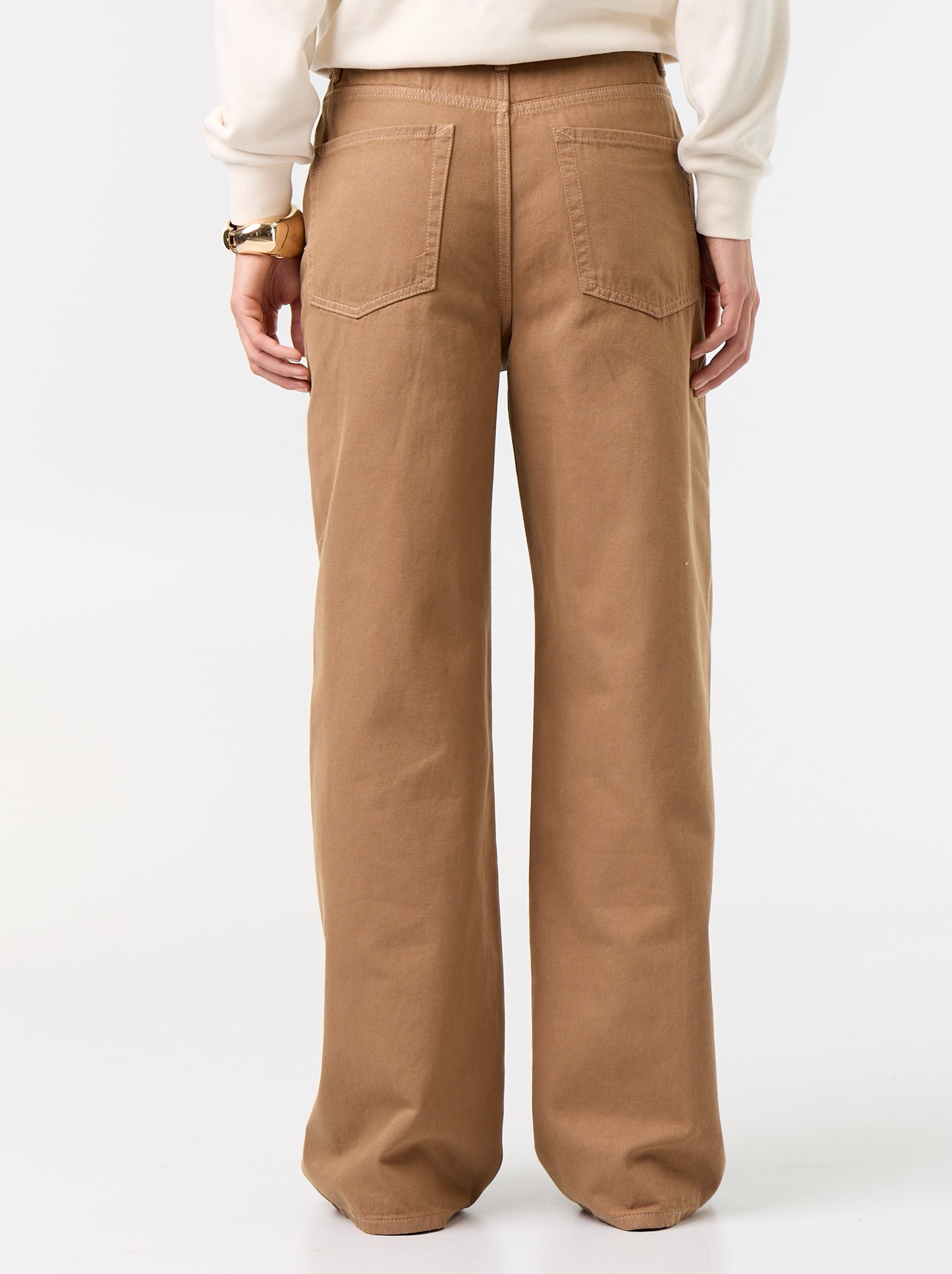 Pantalon en twill taille haute coupe wide leg - Marron (GBL73_3)