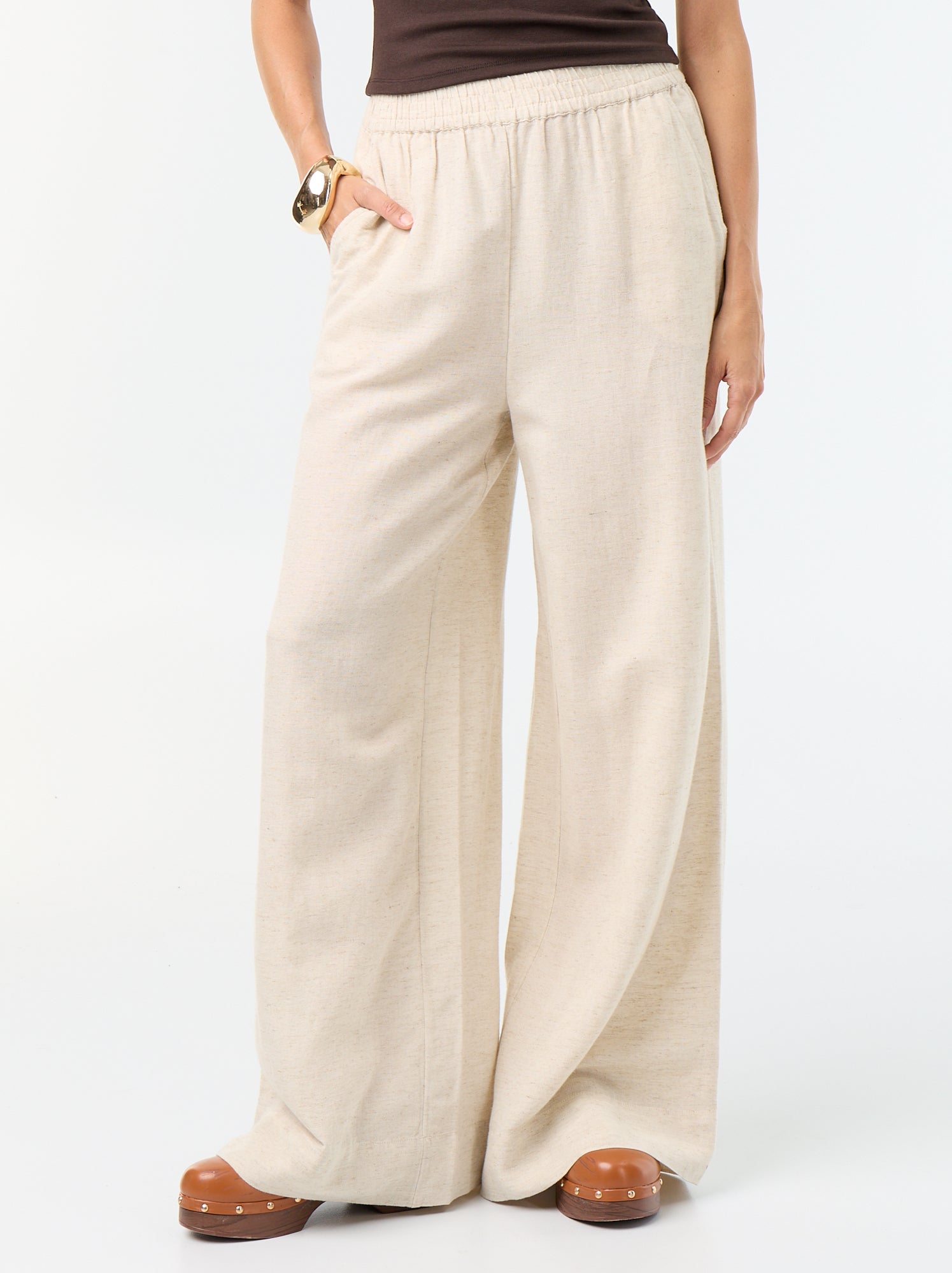 Pantalon large à la taille élastiquée - Beige