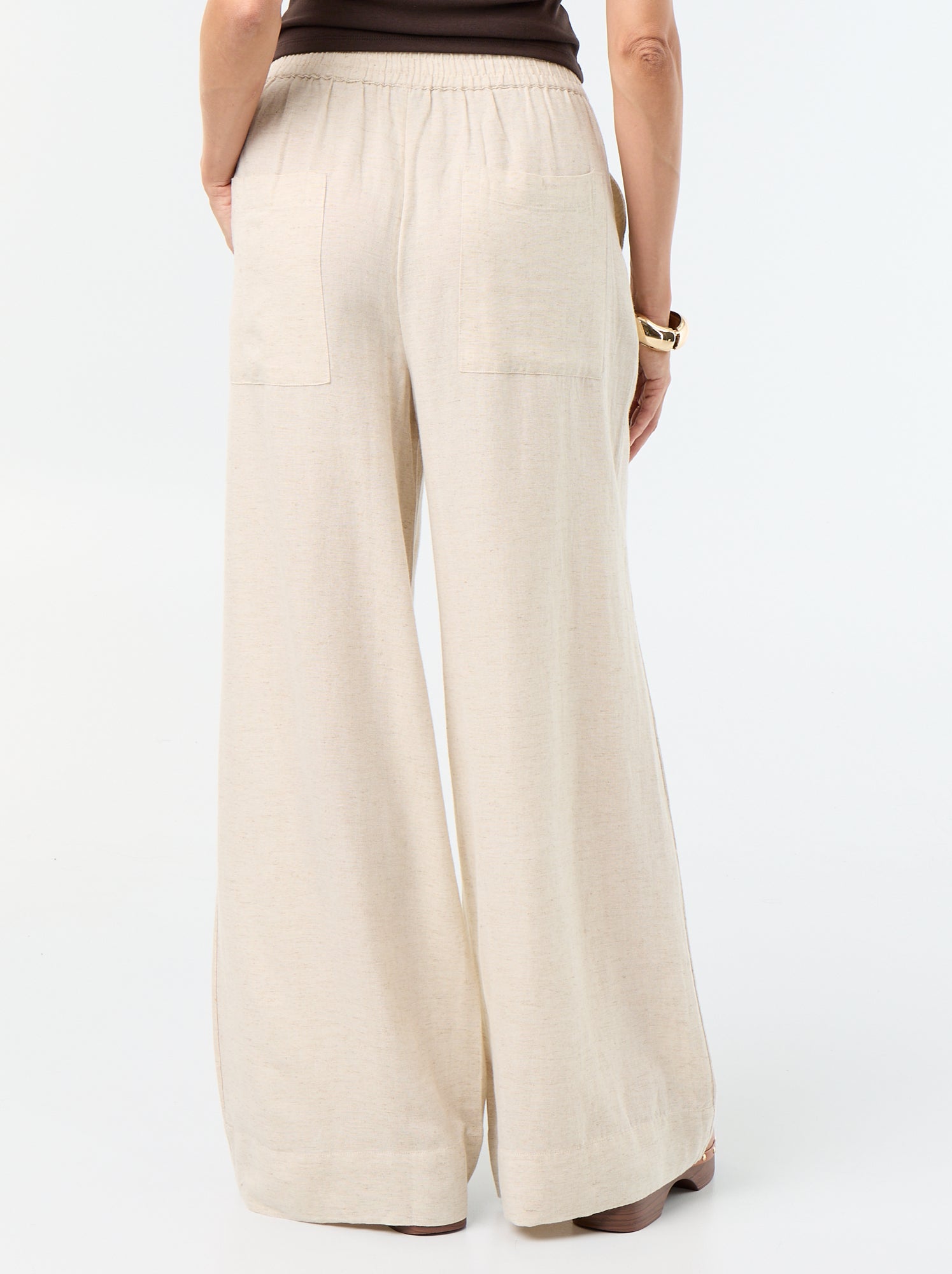 Pantalon large à la taille élastiquée - Beige