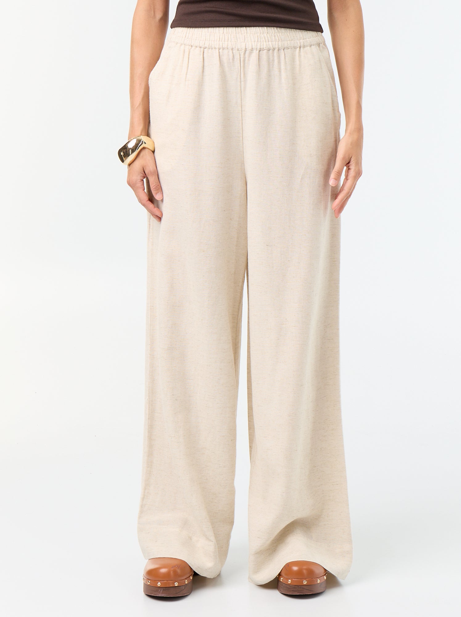 Pantalon large à la taille élastiquée - Beige