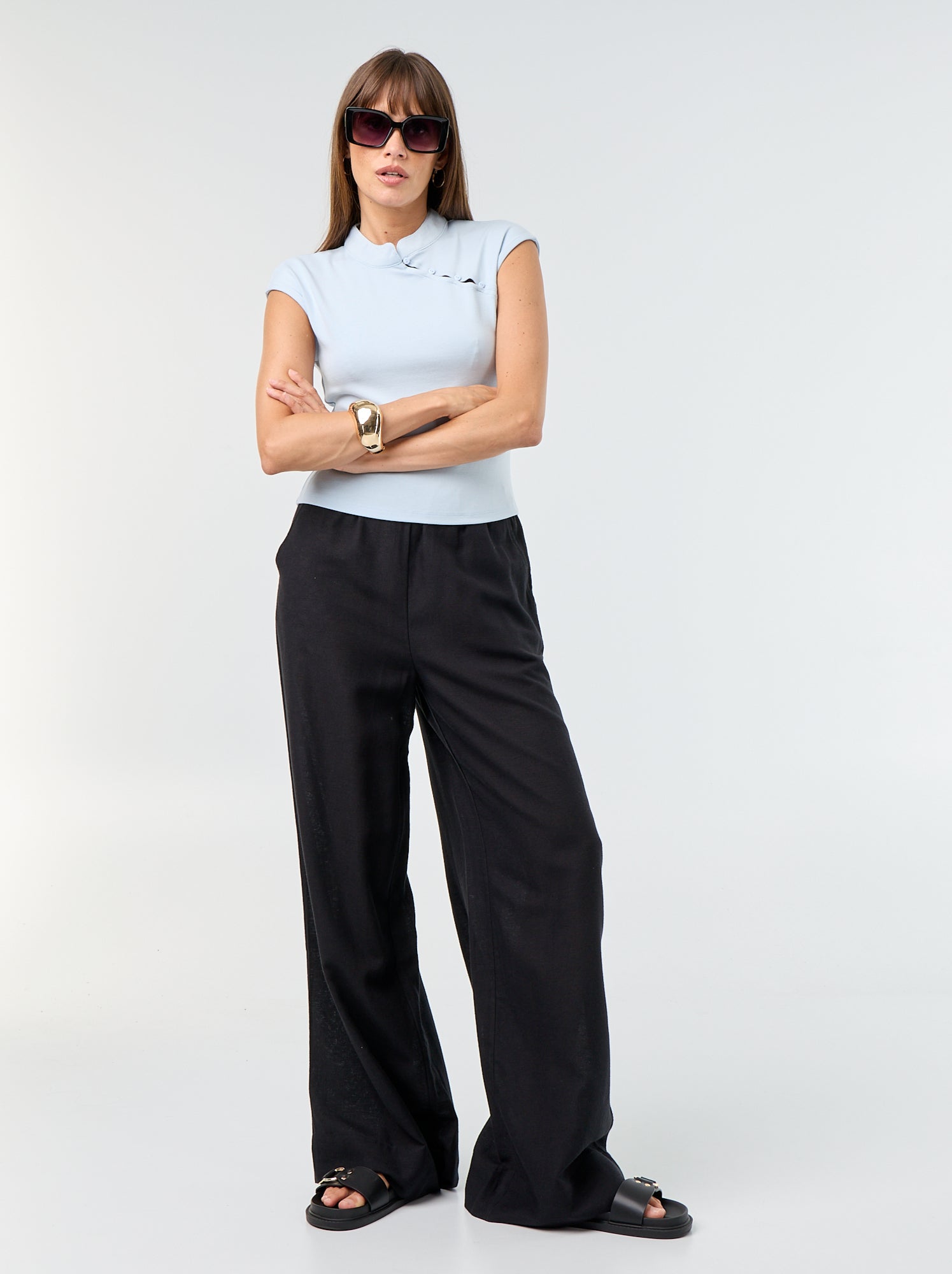 Pantalon large à la taille élastiquée - Noir
