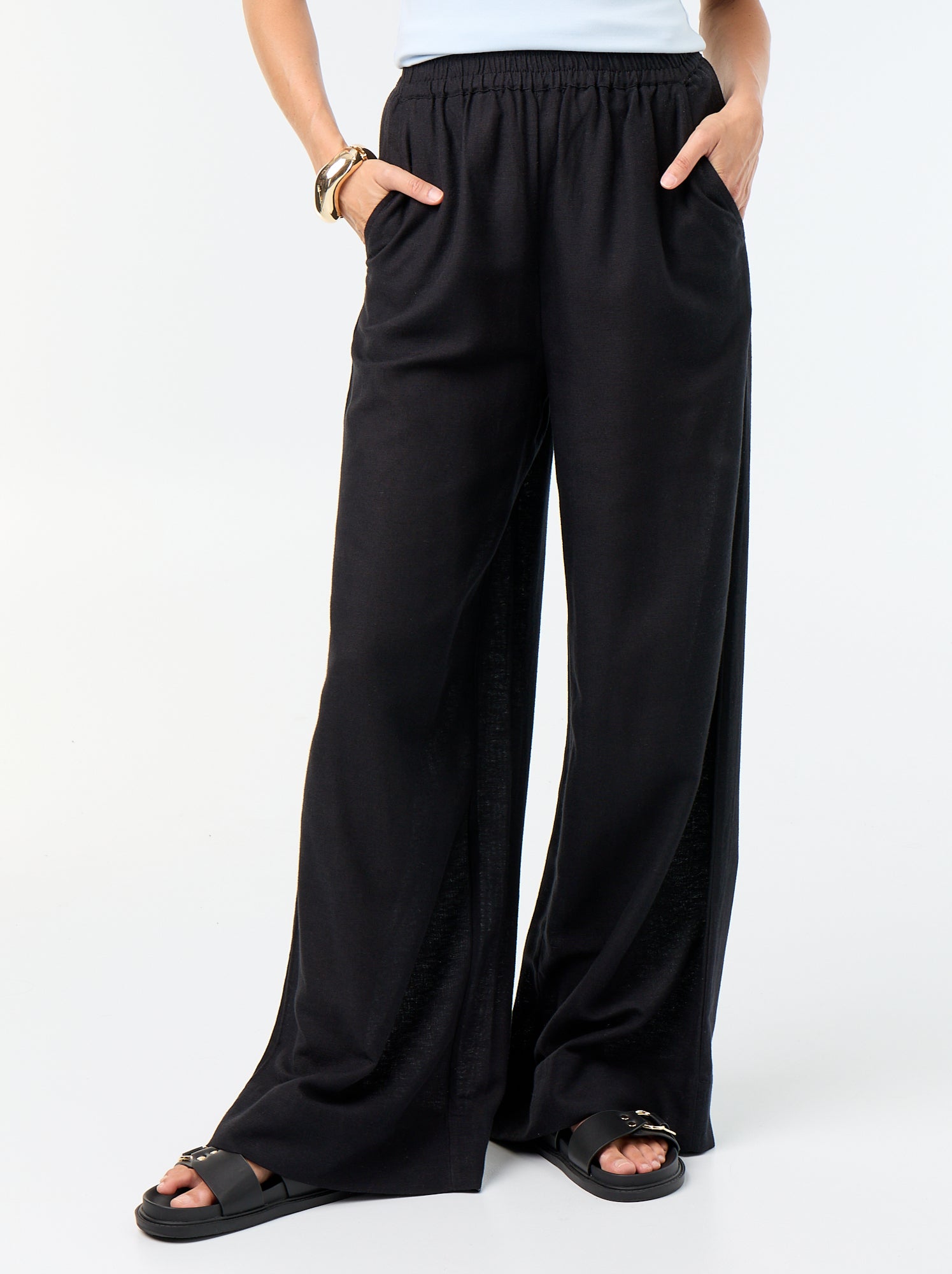 Pantalon large à la taille élastiquée - Noir