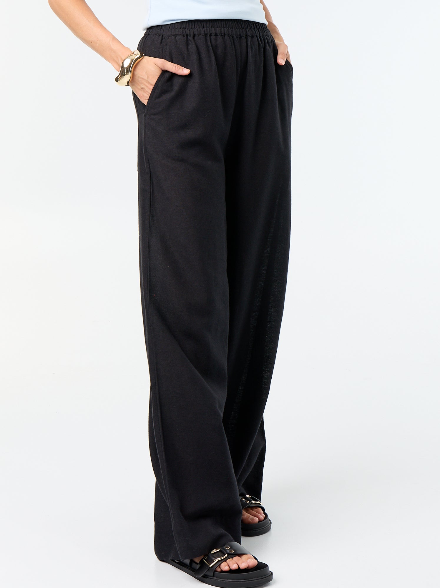 Pantalon large à la taille élastiquée - Noir