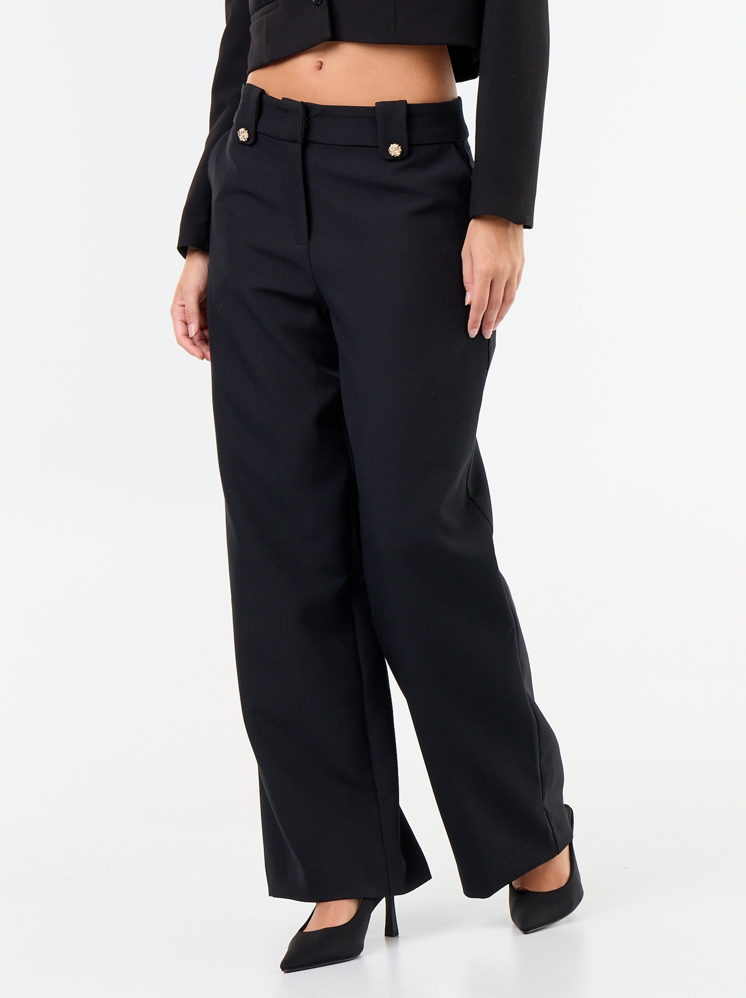 Pantalon large avec boutons dorés - Noir