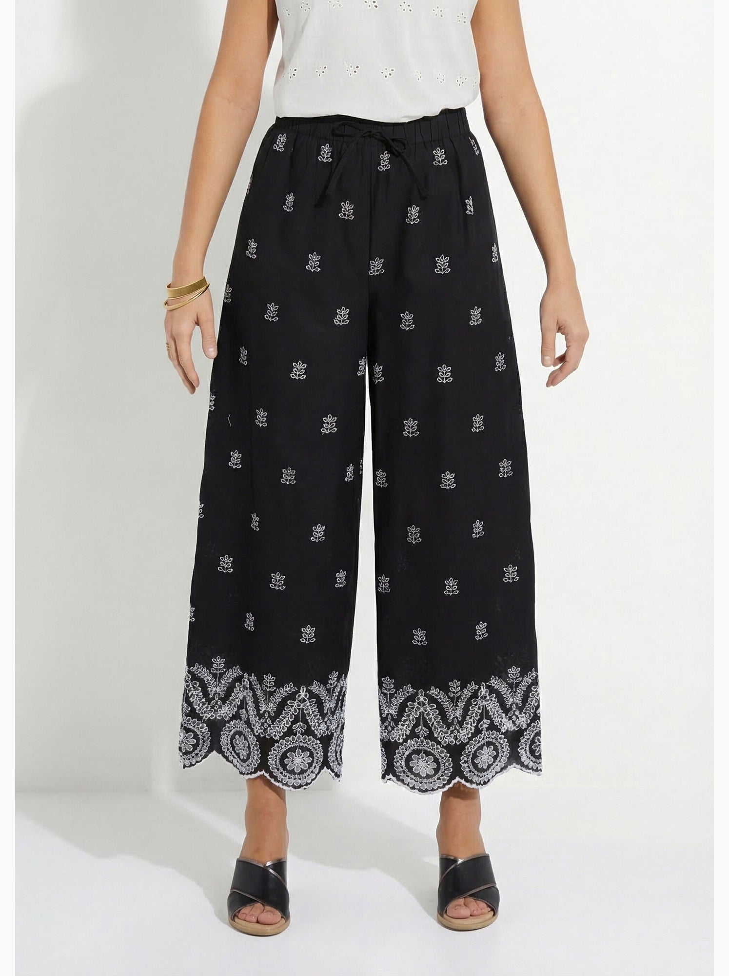 Pantalon large coton brodé taille élastiquée - afibel - Noir Blanc