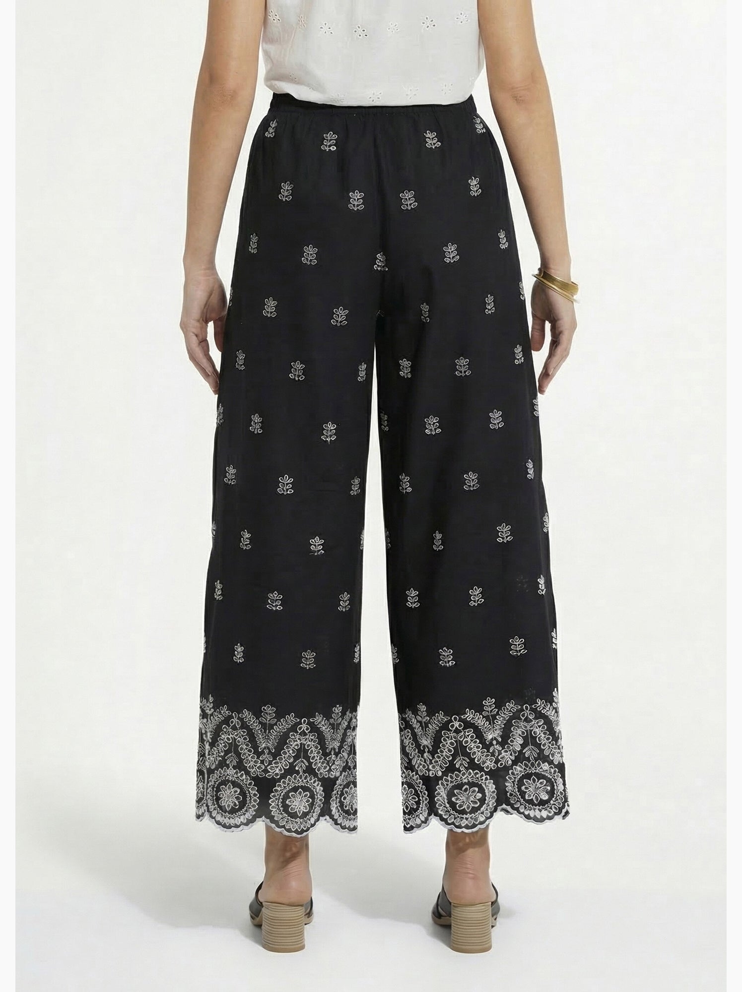 Pantalon large coton brodé taille élastiquée - afibel - Noir Blanc