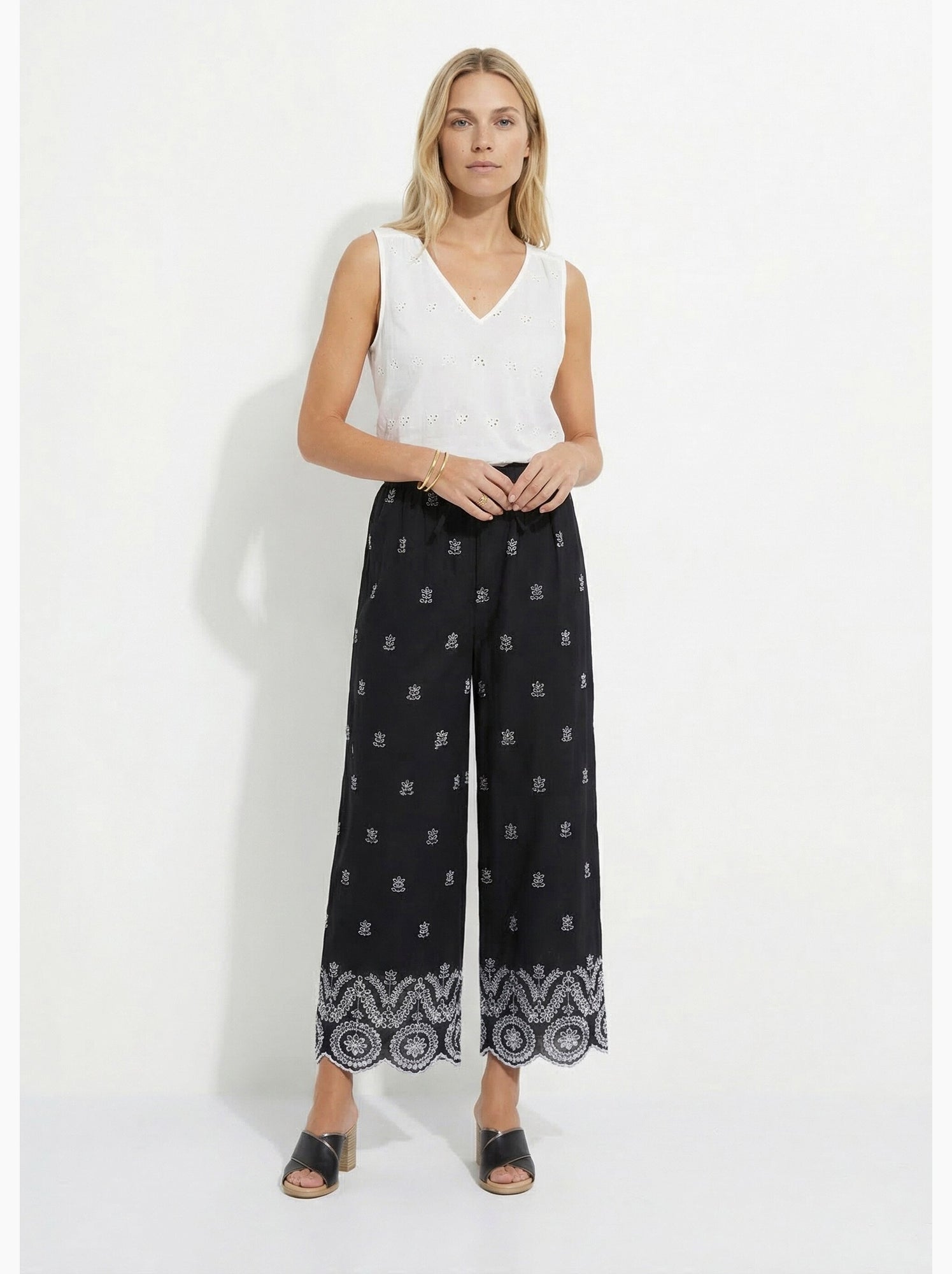 Pantalon large coton brodé taille élastiquée - afibel - Noir Blanc