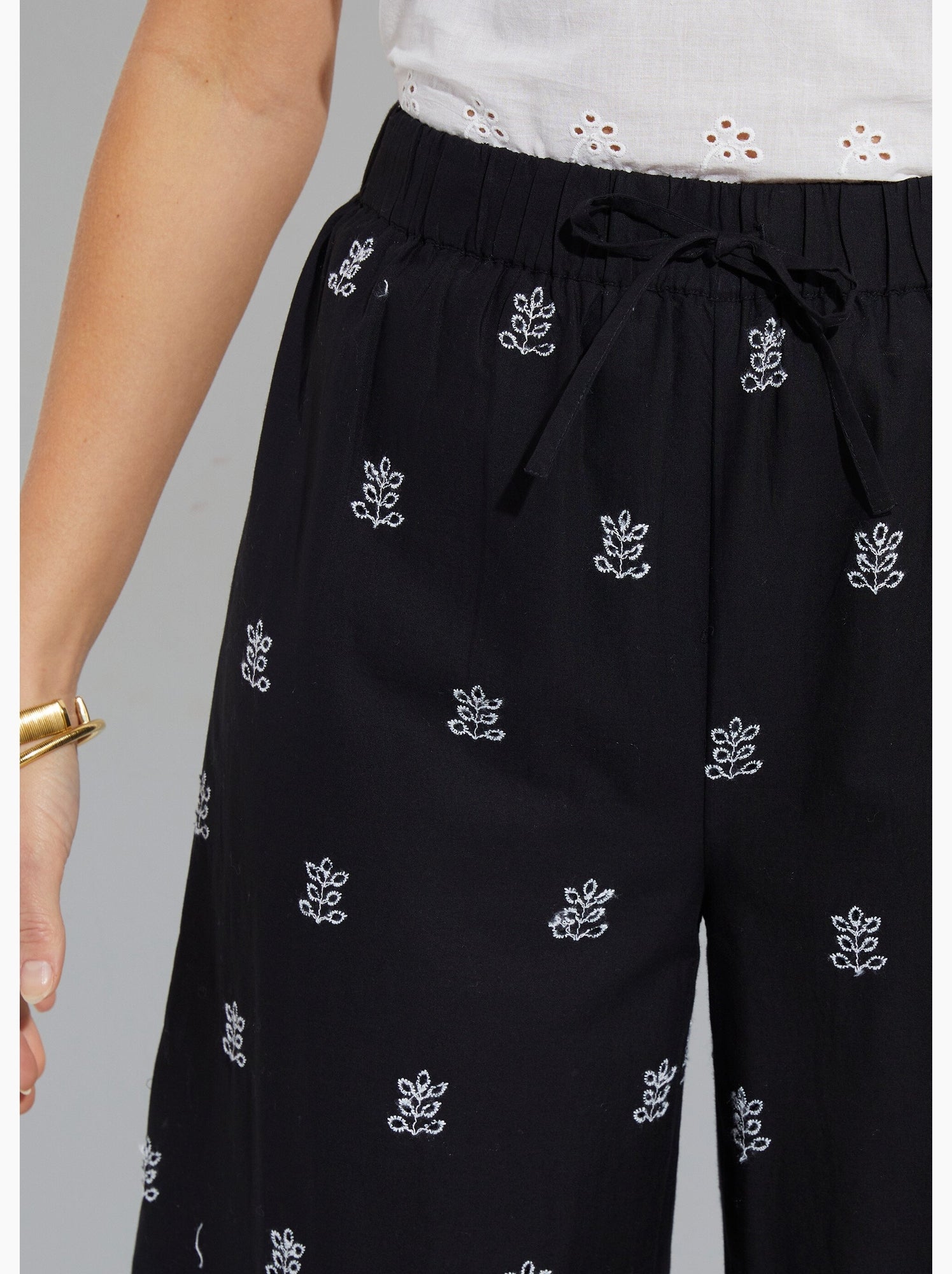 Pantalon large coton brodé taille élastiquée - afibel - Noir Blanc