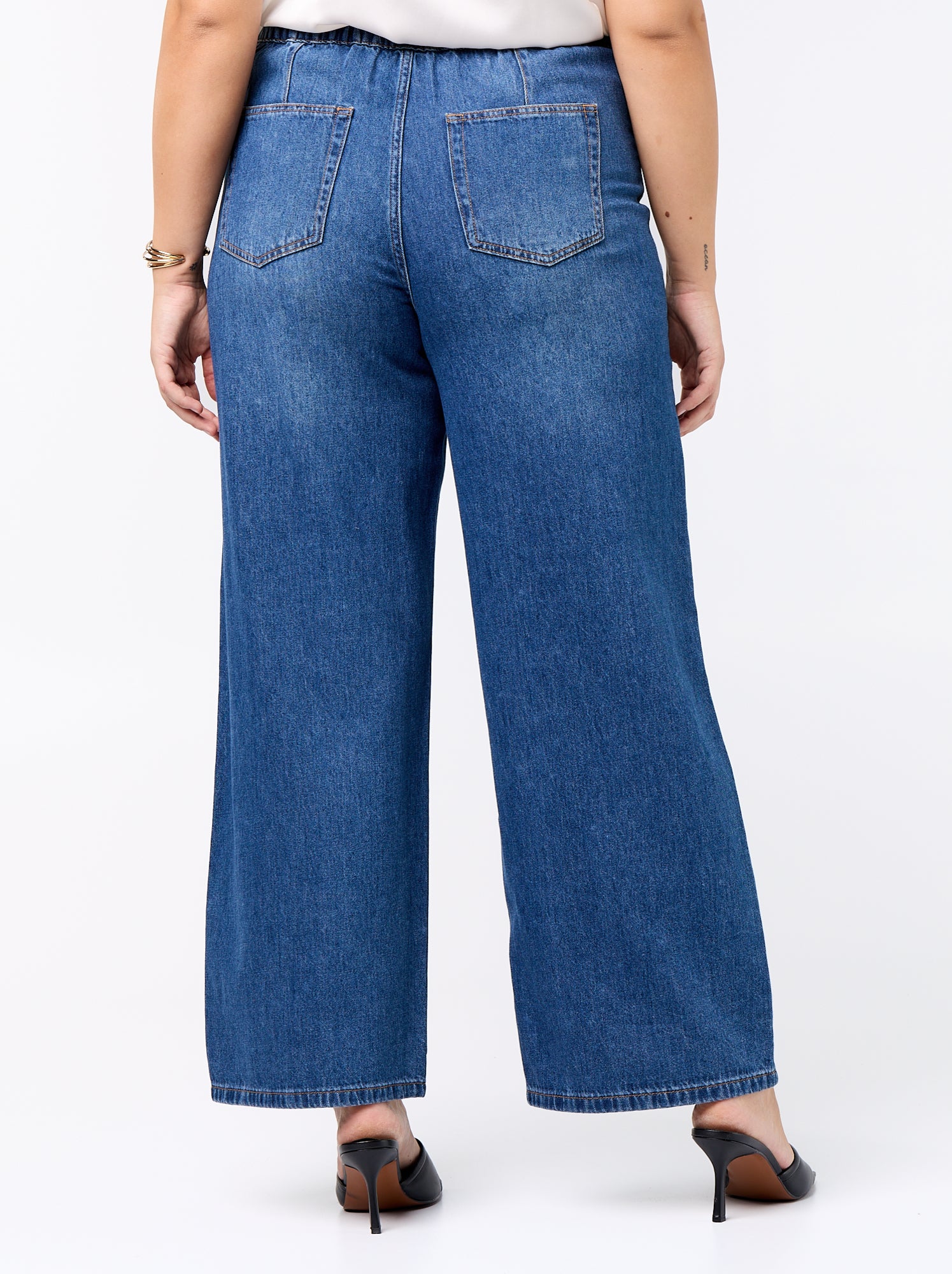 Pantalon large en denim avec ceinture à nouer - Bleu