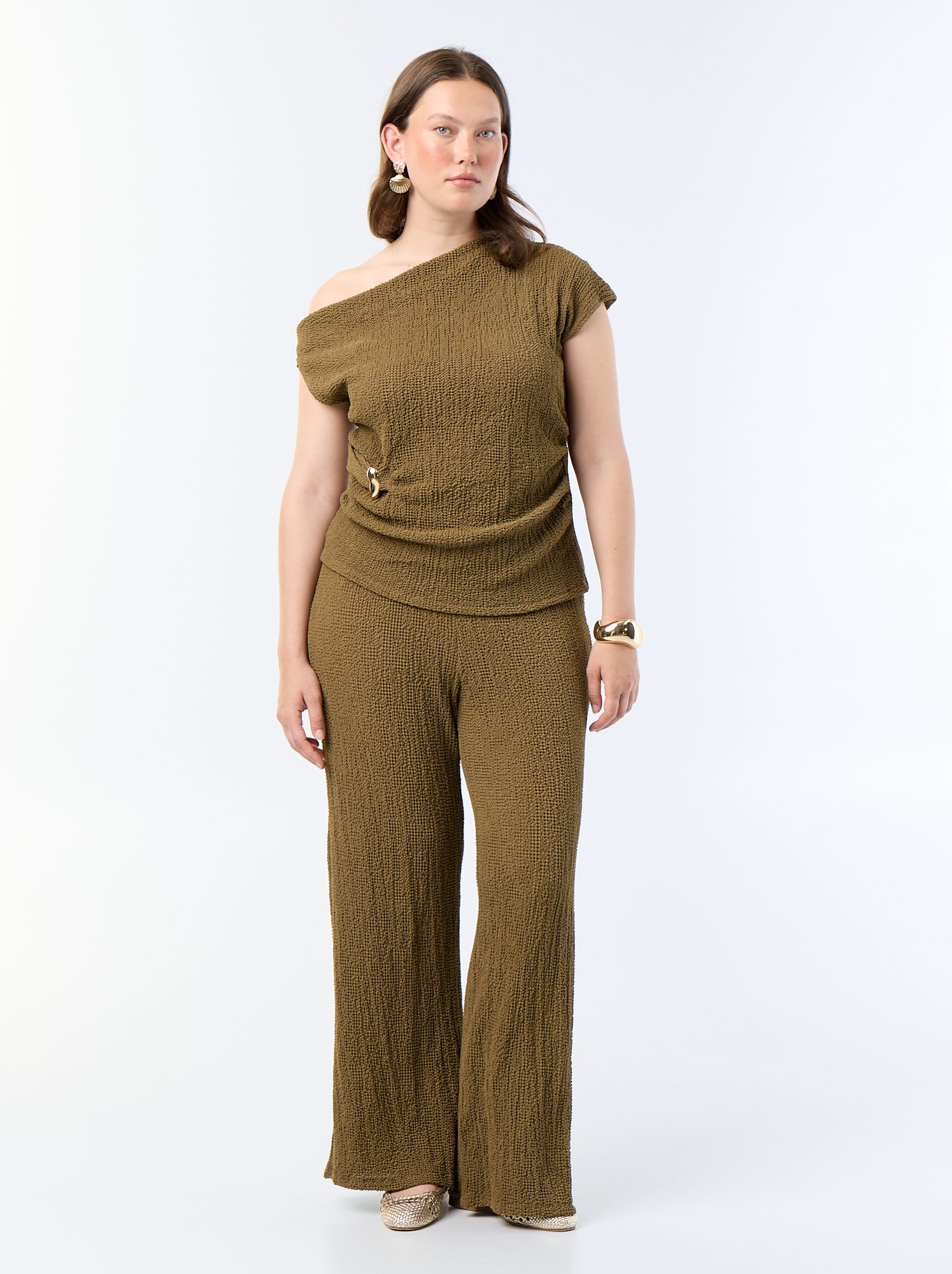 Pantalon large en maille gaufrée - Kaki