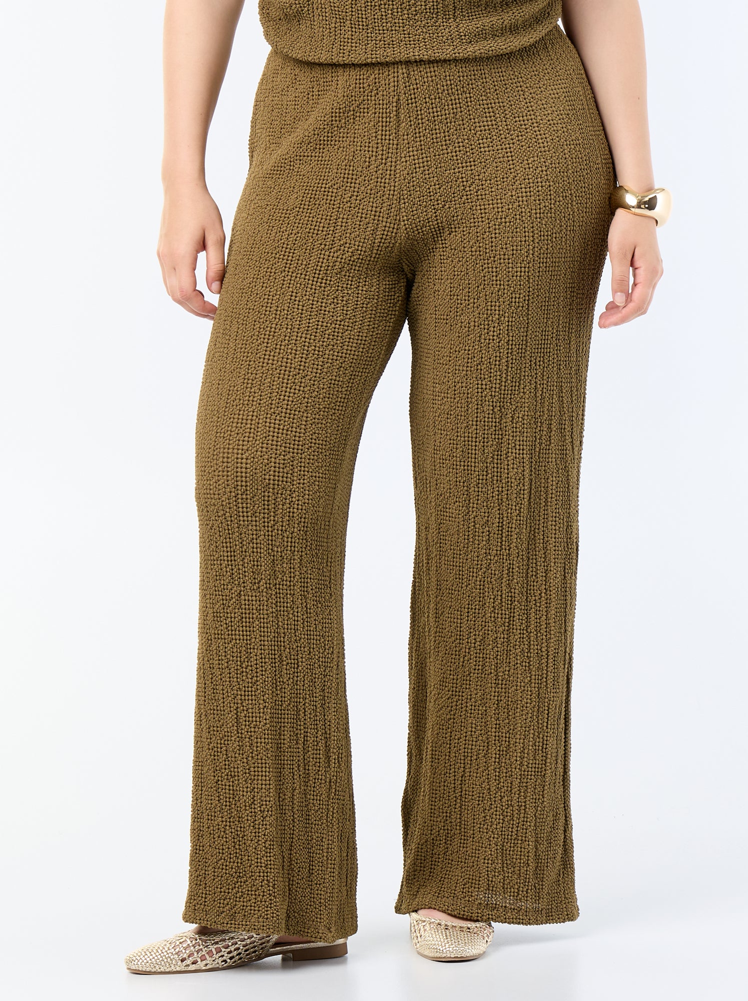 Pantalon large en maille gaufrée - Kaki