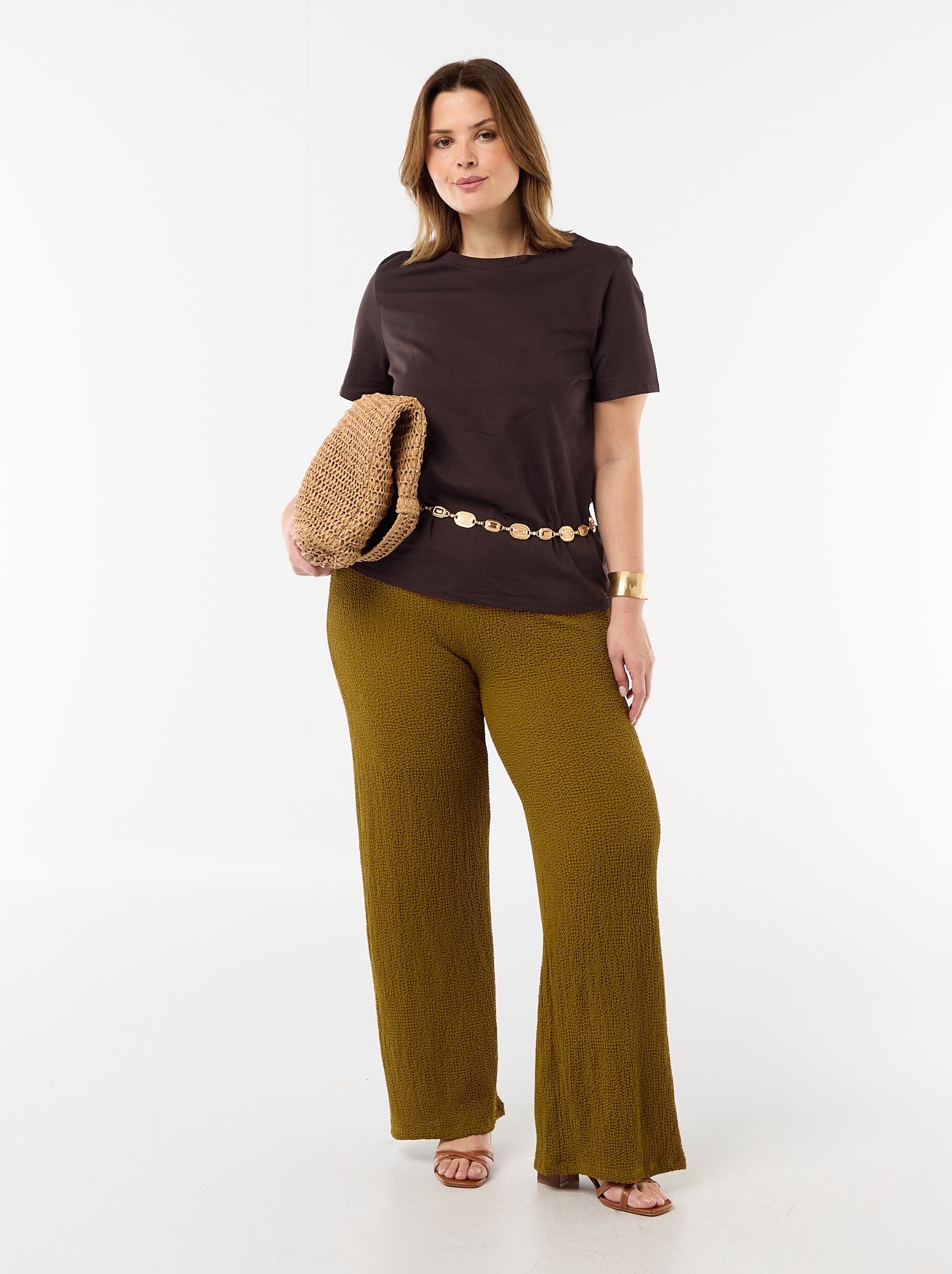 Pantalon large en maille gaufrée - Marron (GAD59_2)