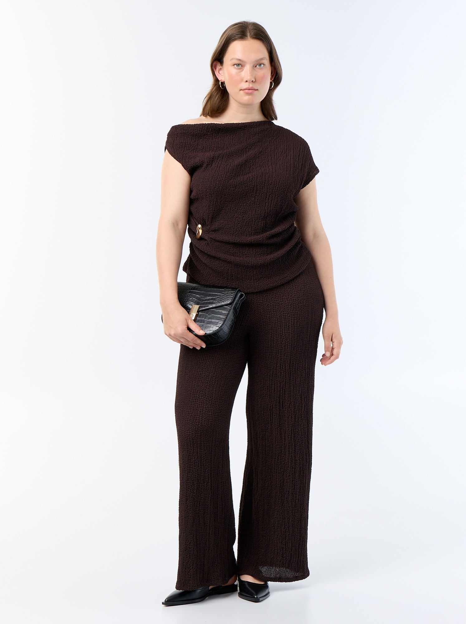 Pantalon large en maille gaufrée - Marron (GAD59_7)
