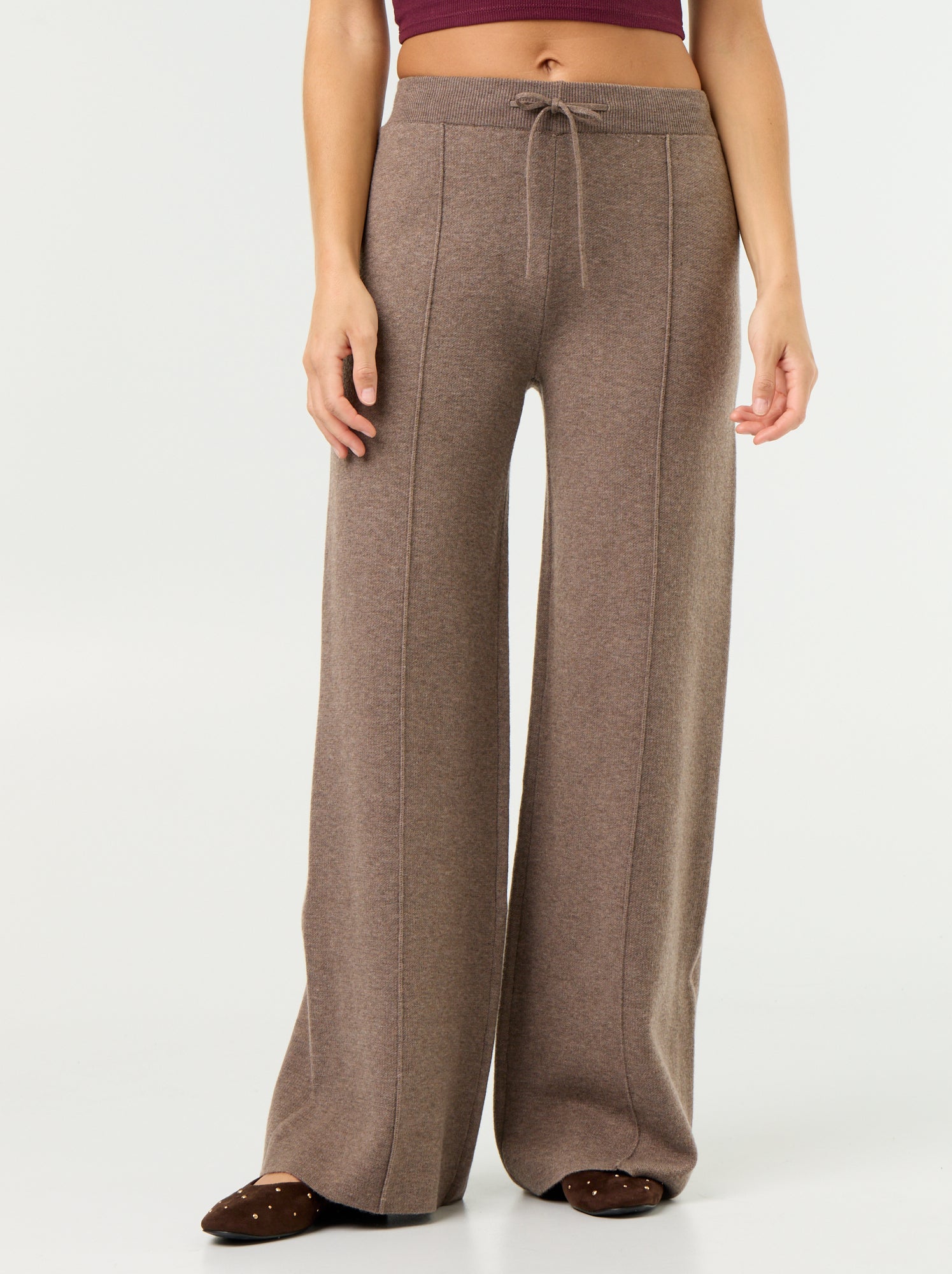 Pantalon large en maille tricot - Beige