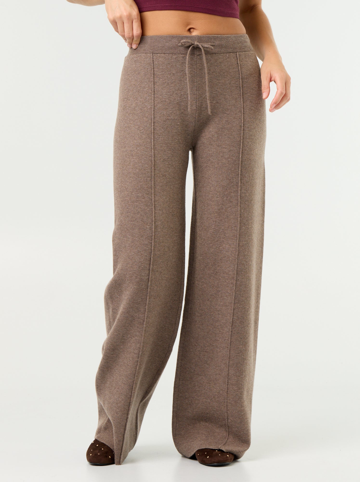 Pantalon large en maille tricot - Beige