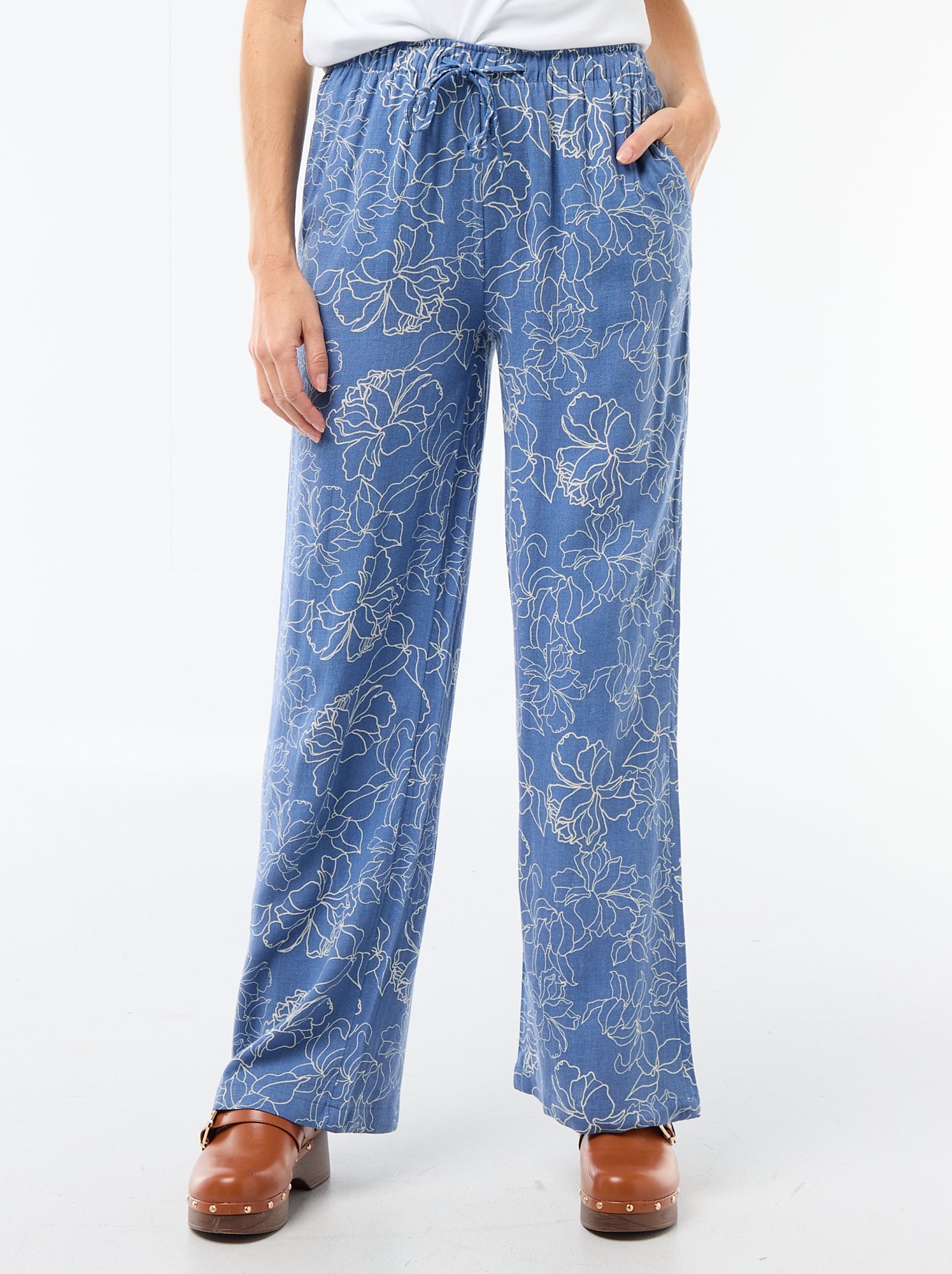 Pantalon léger femme à coupe large avec taille élastiquée - Bleu