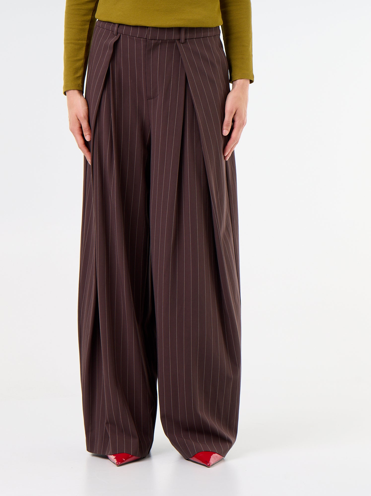 Pantalon large taille haute à pinces - Marron
