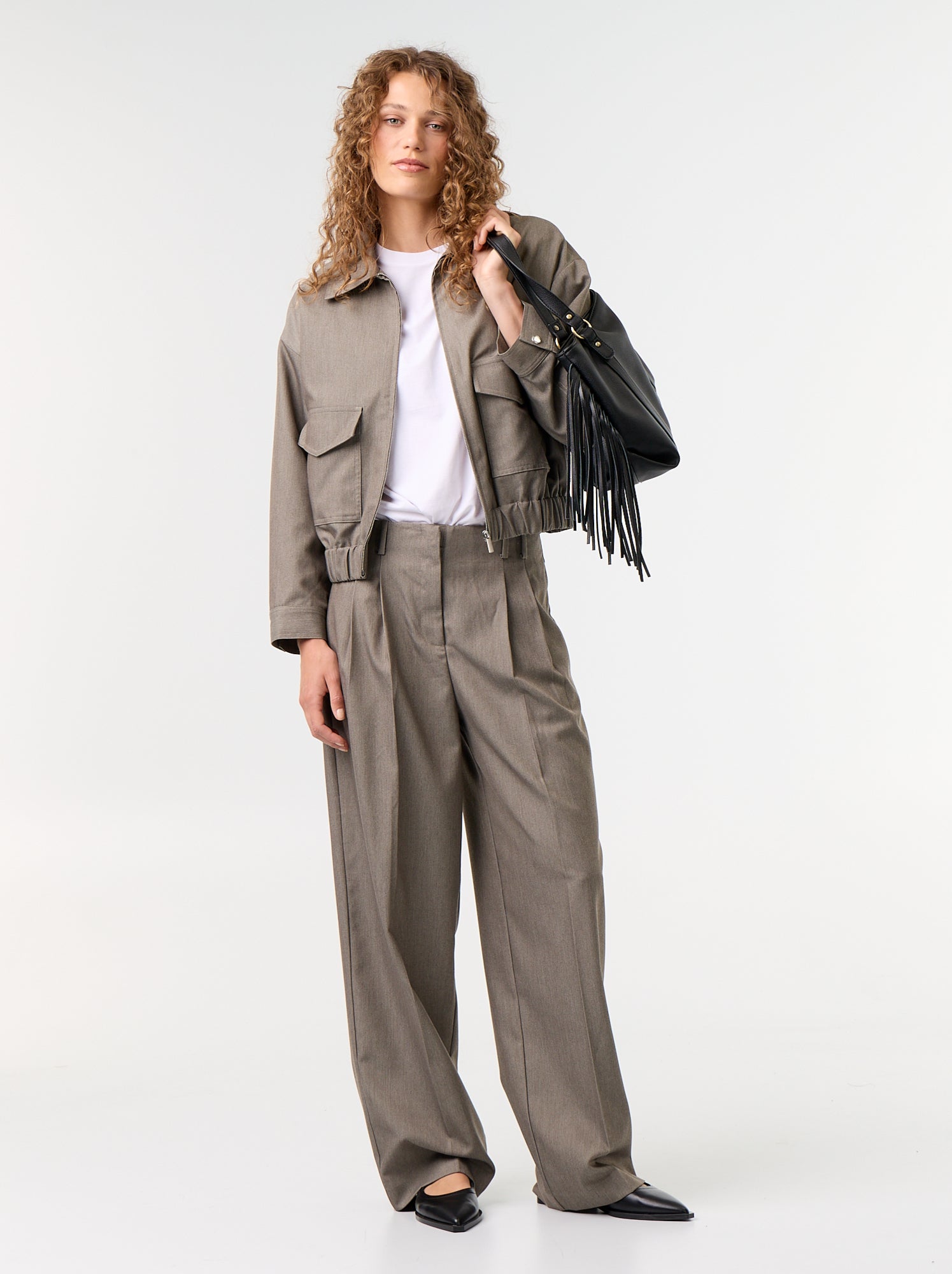 Pantalon large taille haute - Kaki