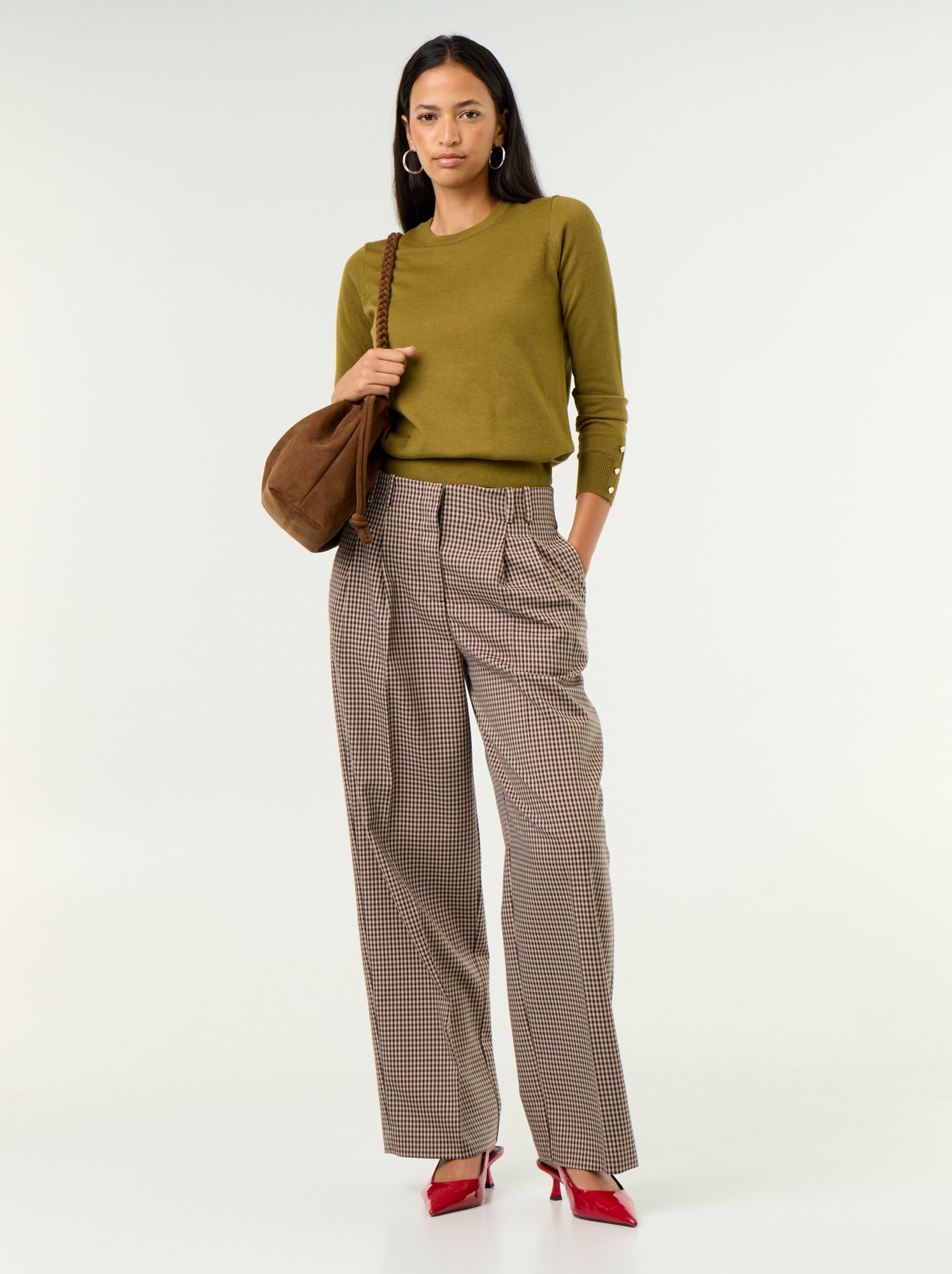 Pantalon large taille haute - Marron