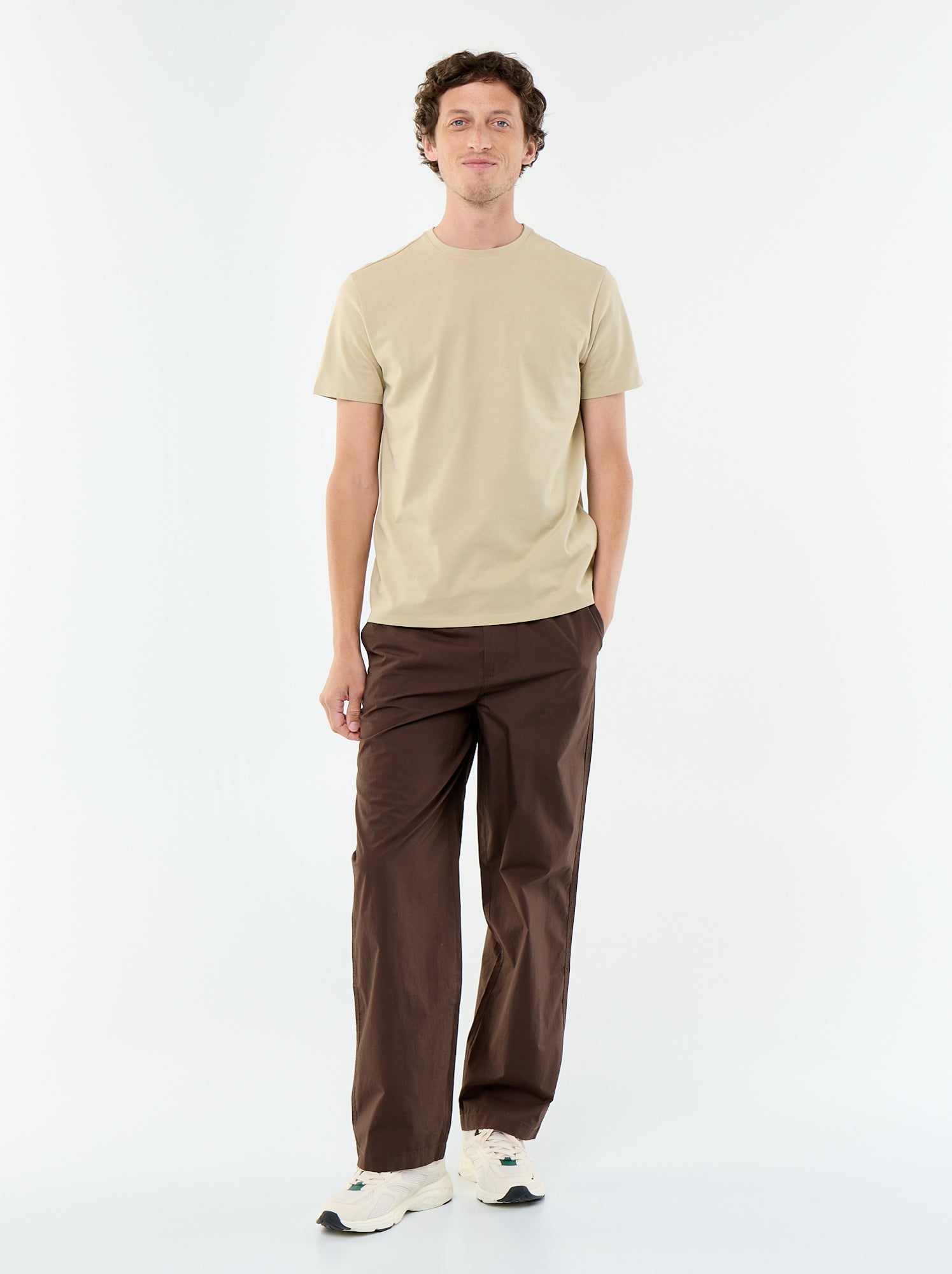 Pantalon large uni en popeline - Marron