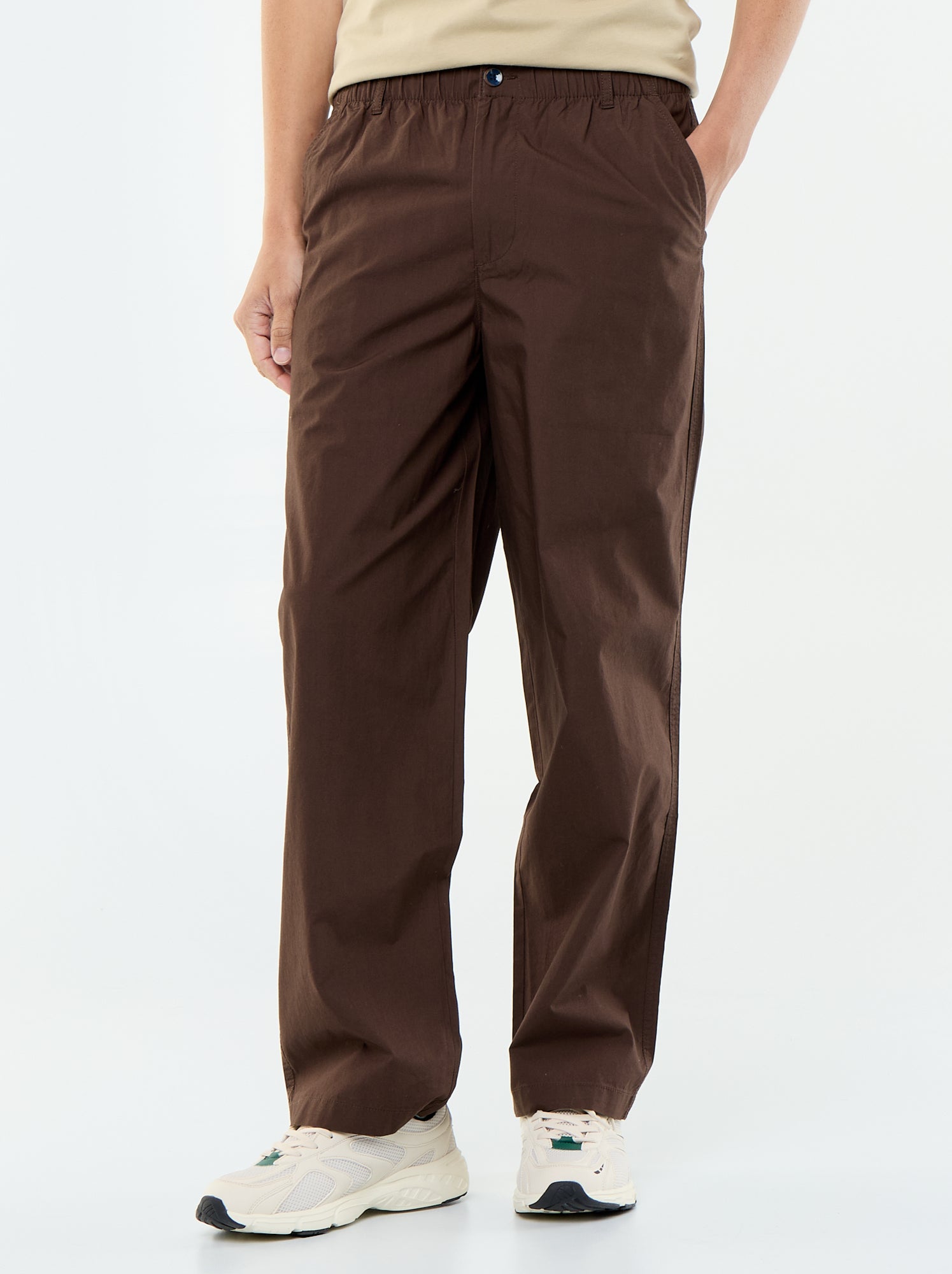 Pantalon large uni en popeline - Marron