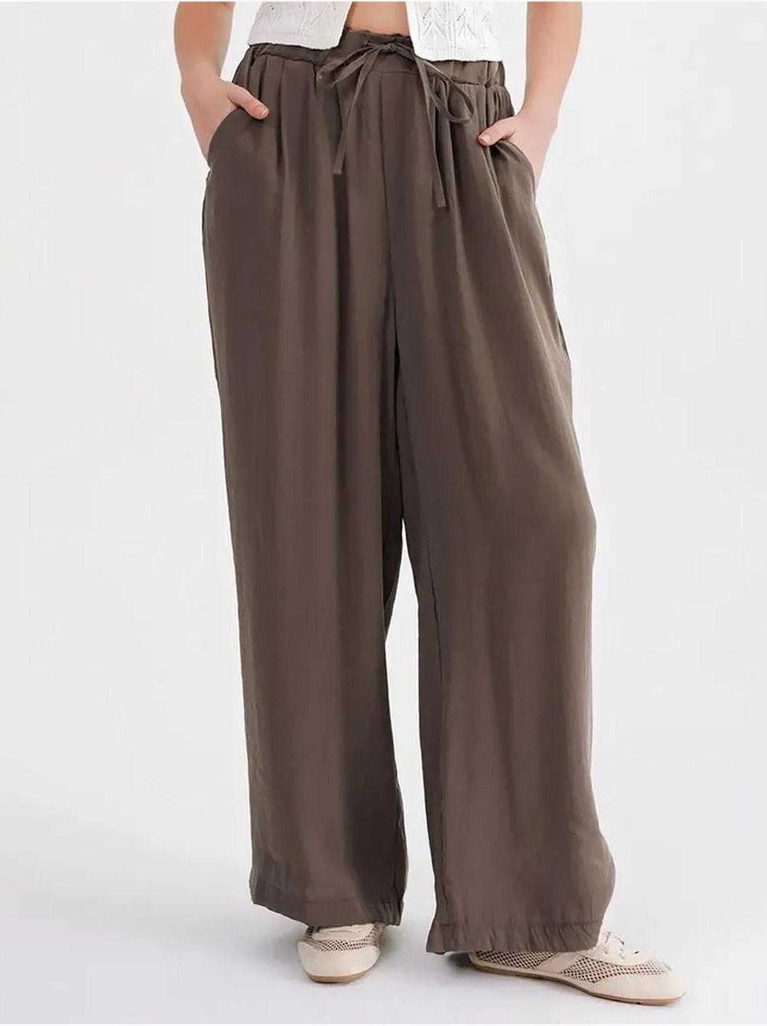Pantalon palazzo plissé taille haute avec cordon de serrage mixray - Kaki