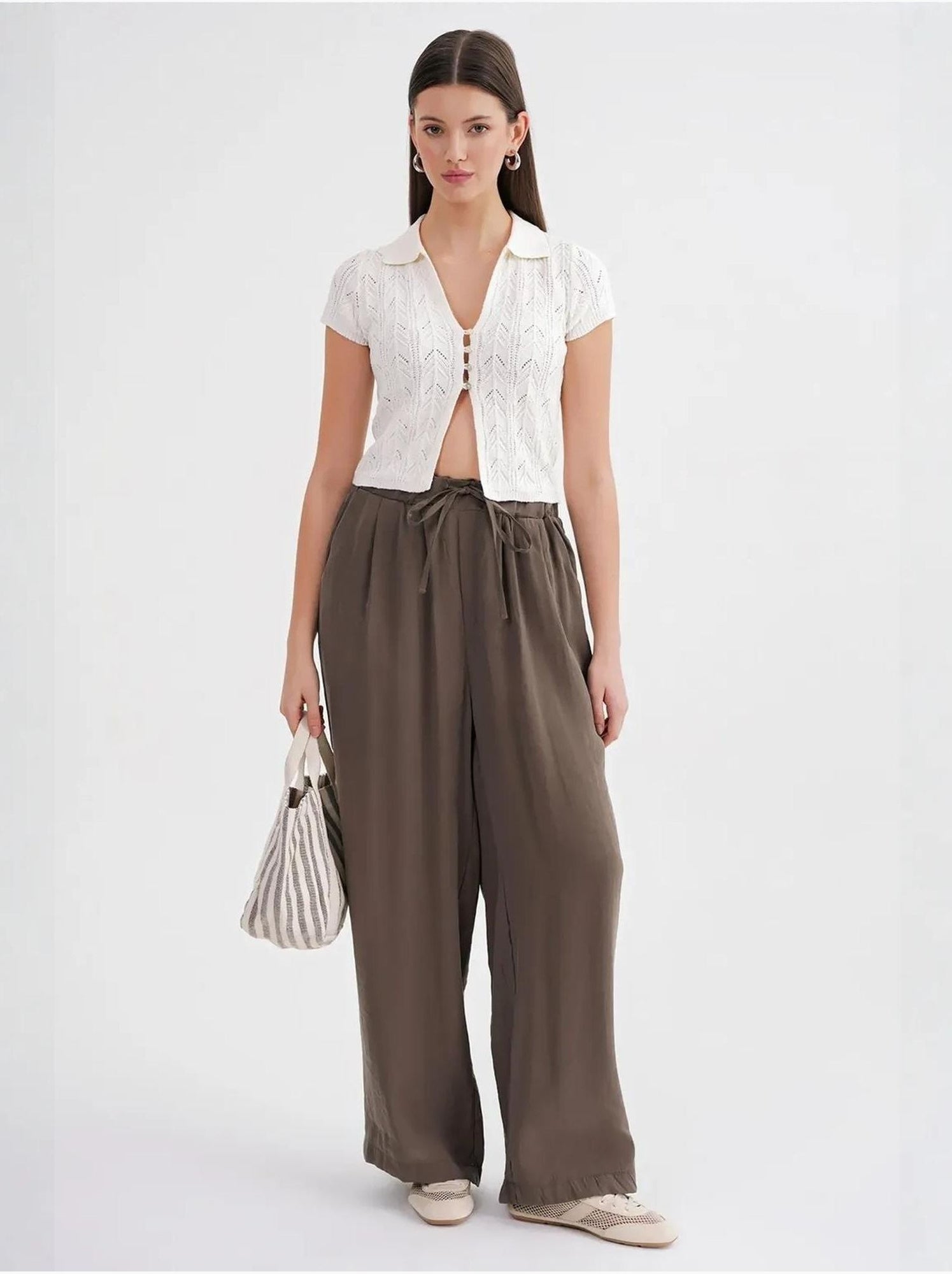 Pantalon palazzo plissé taille haute avec cordon de serrage mixray - Kaki