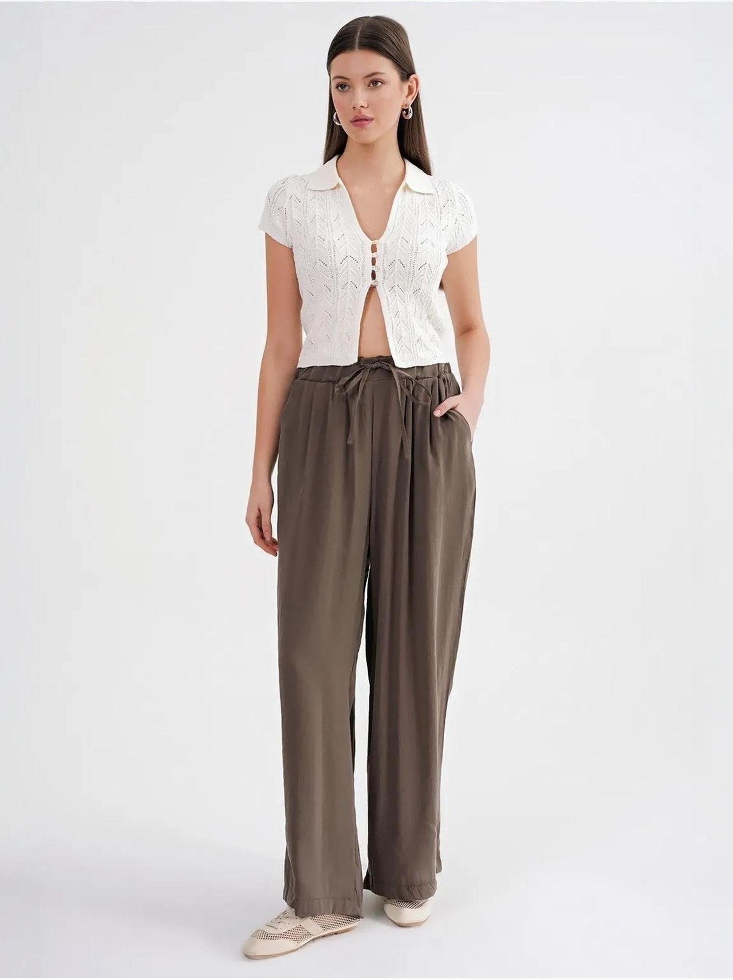 Pantalon palazzo plissé taille haute avec cordon de serrage mixray - Kaki