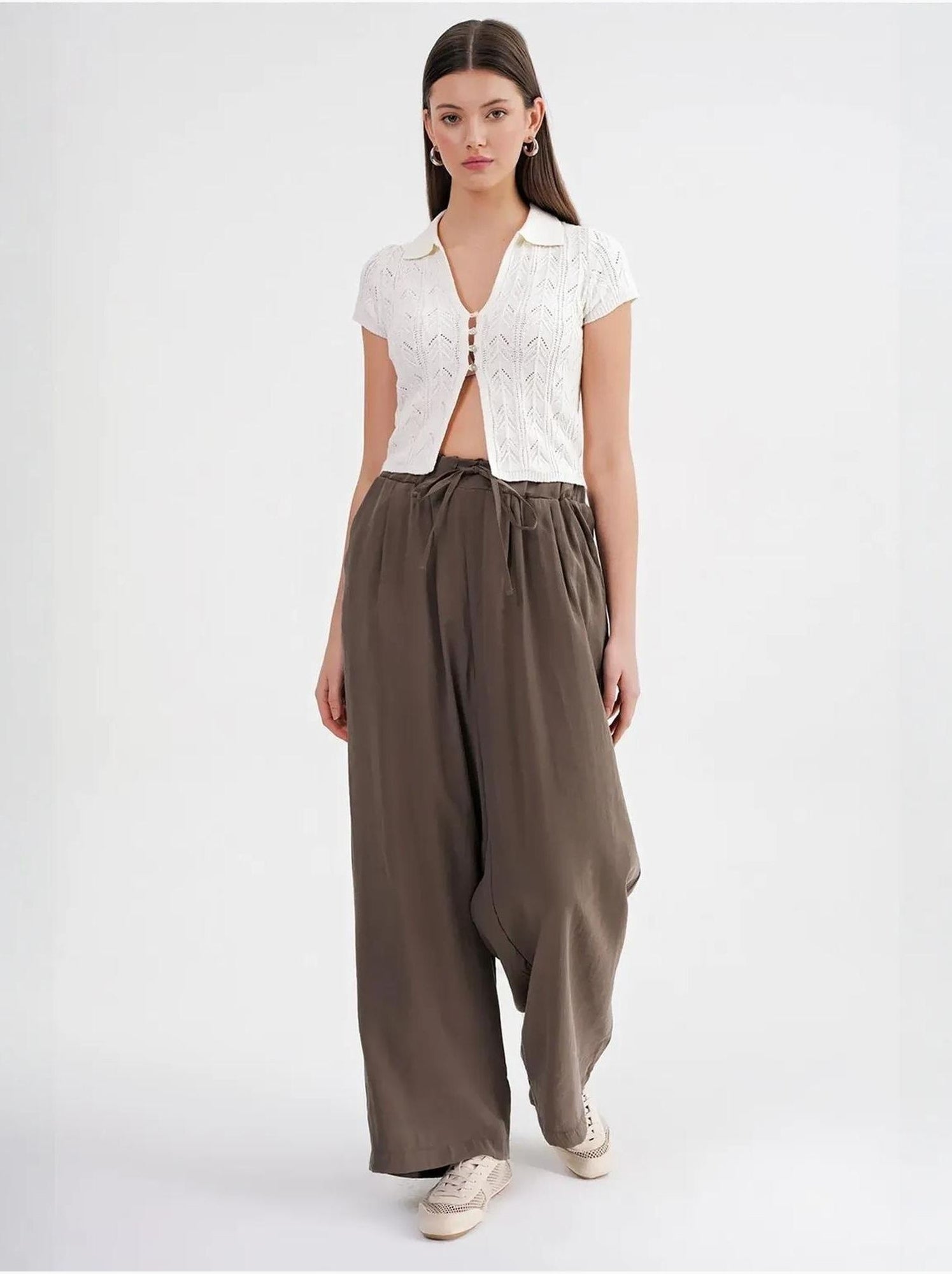 Pantalon palazzo plissé taille haute avec cordon de serrage mixray - Kaki