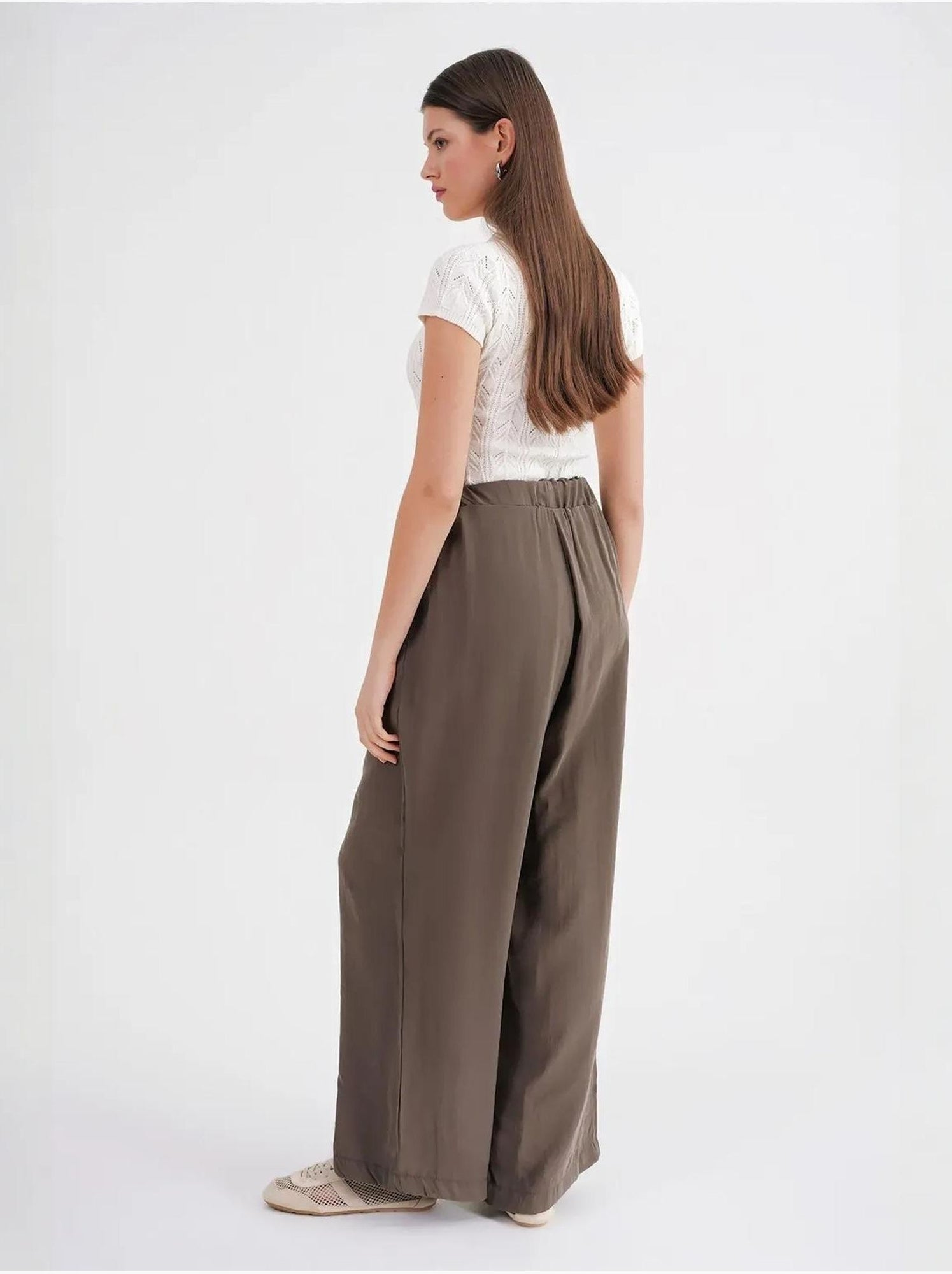 Pantalon palazzo plissé taille haute avec cordon de serrage mixray - Kaki