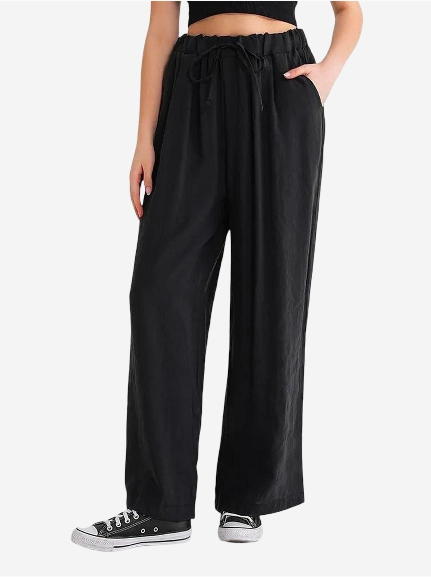 Pantalon palazzo plissé taille haute avec cordon de serrage mixray - Noir