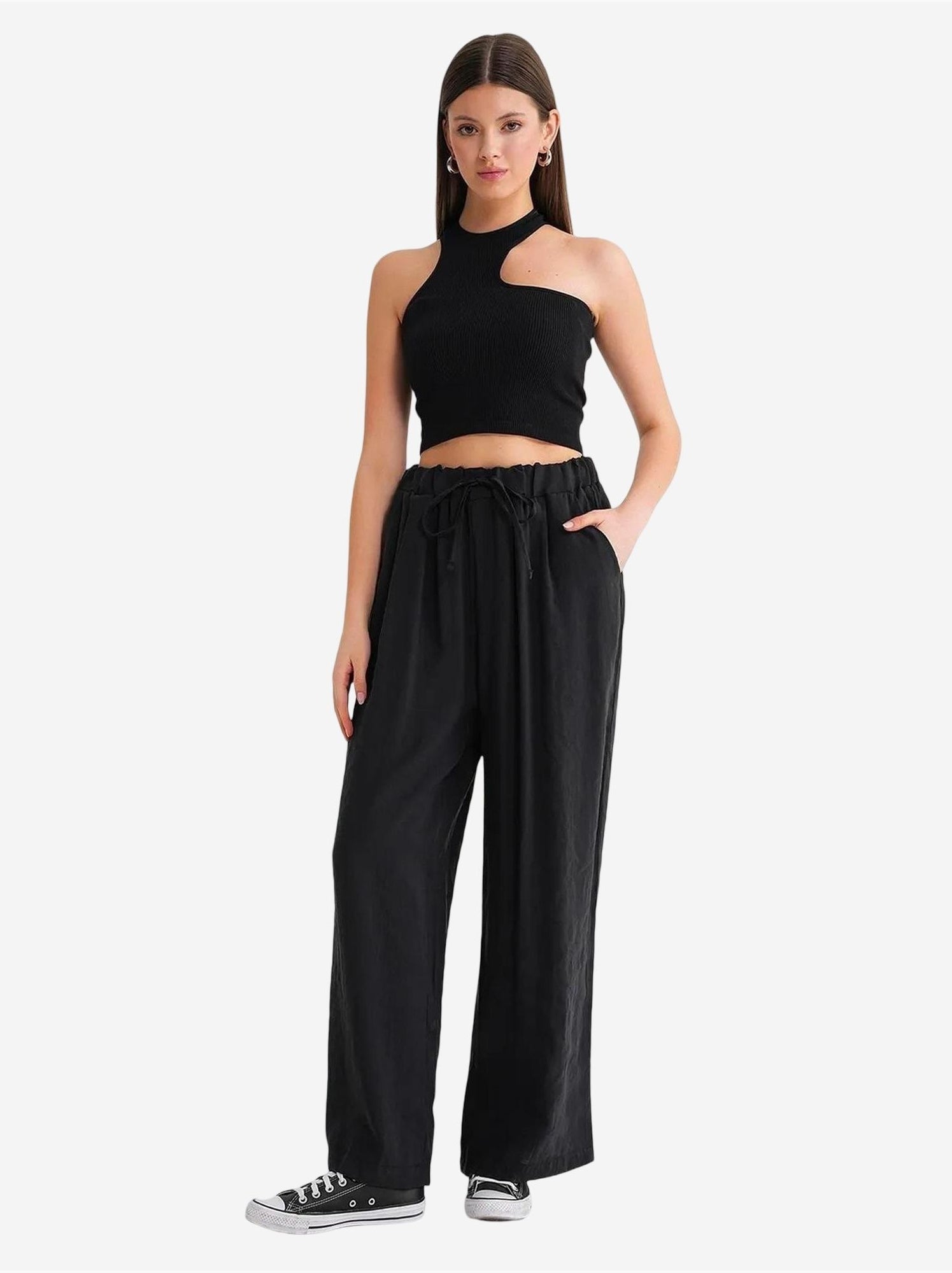 Pantalon palazzo plissé taille haute avec cordon de serrage mixray - Noir