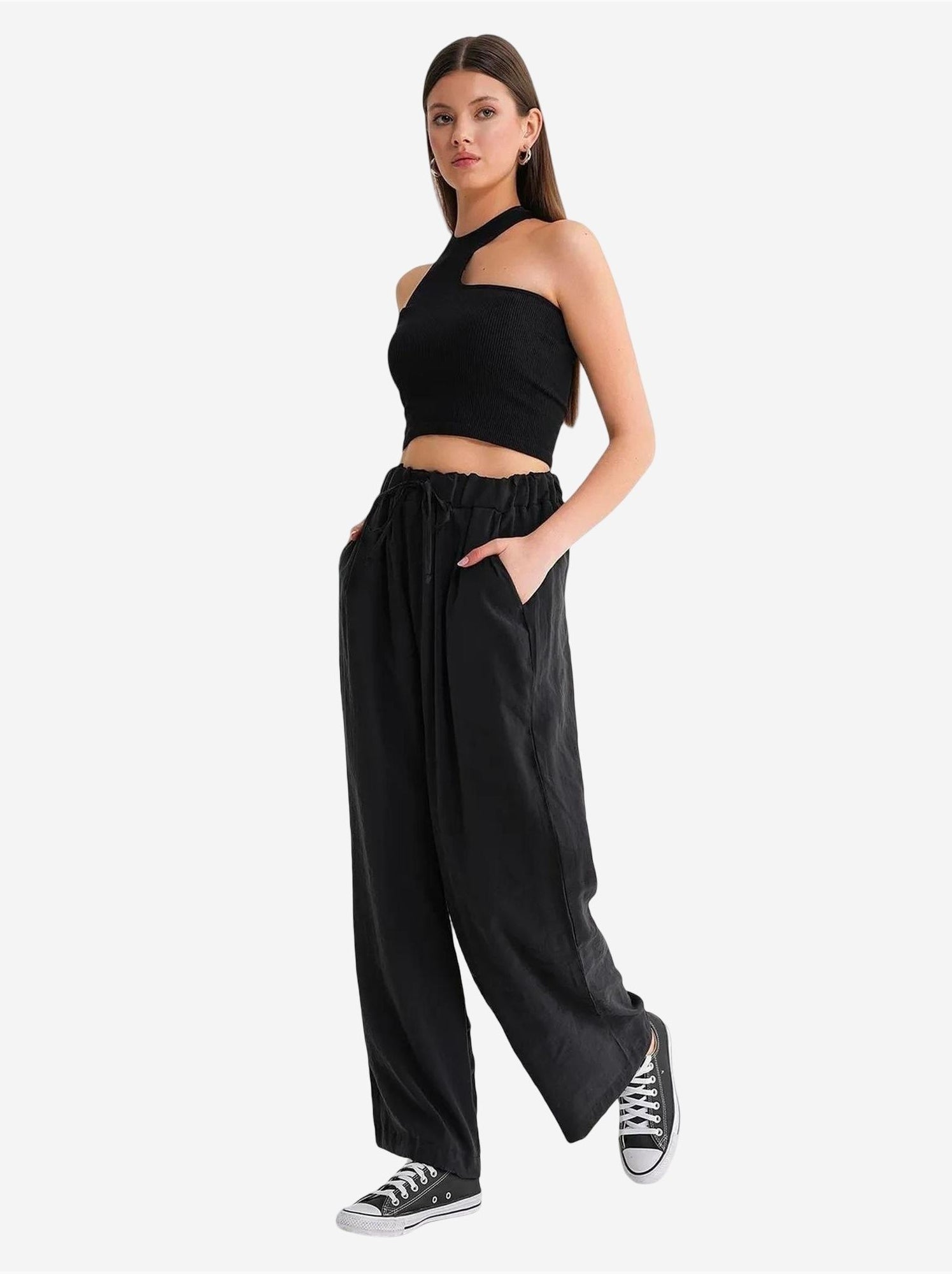 Pantalon palazzo plissé taille haute avec cordon de serrage mixray - Noir