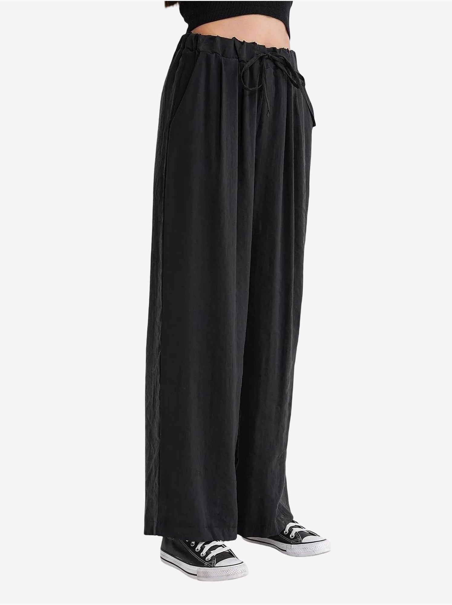 Pantalon palazzo plissé taille haute avec cordon de serrage mixray - Noir