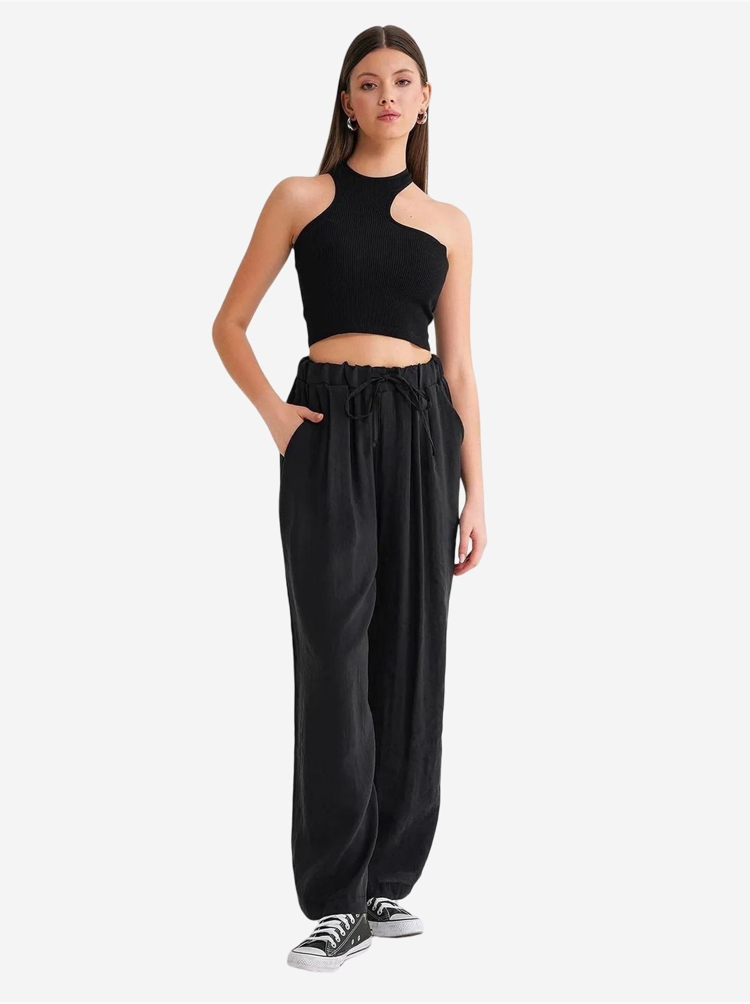Pantalon palazzo plissé taille haute avec cordon de serrage mixray - Noir