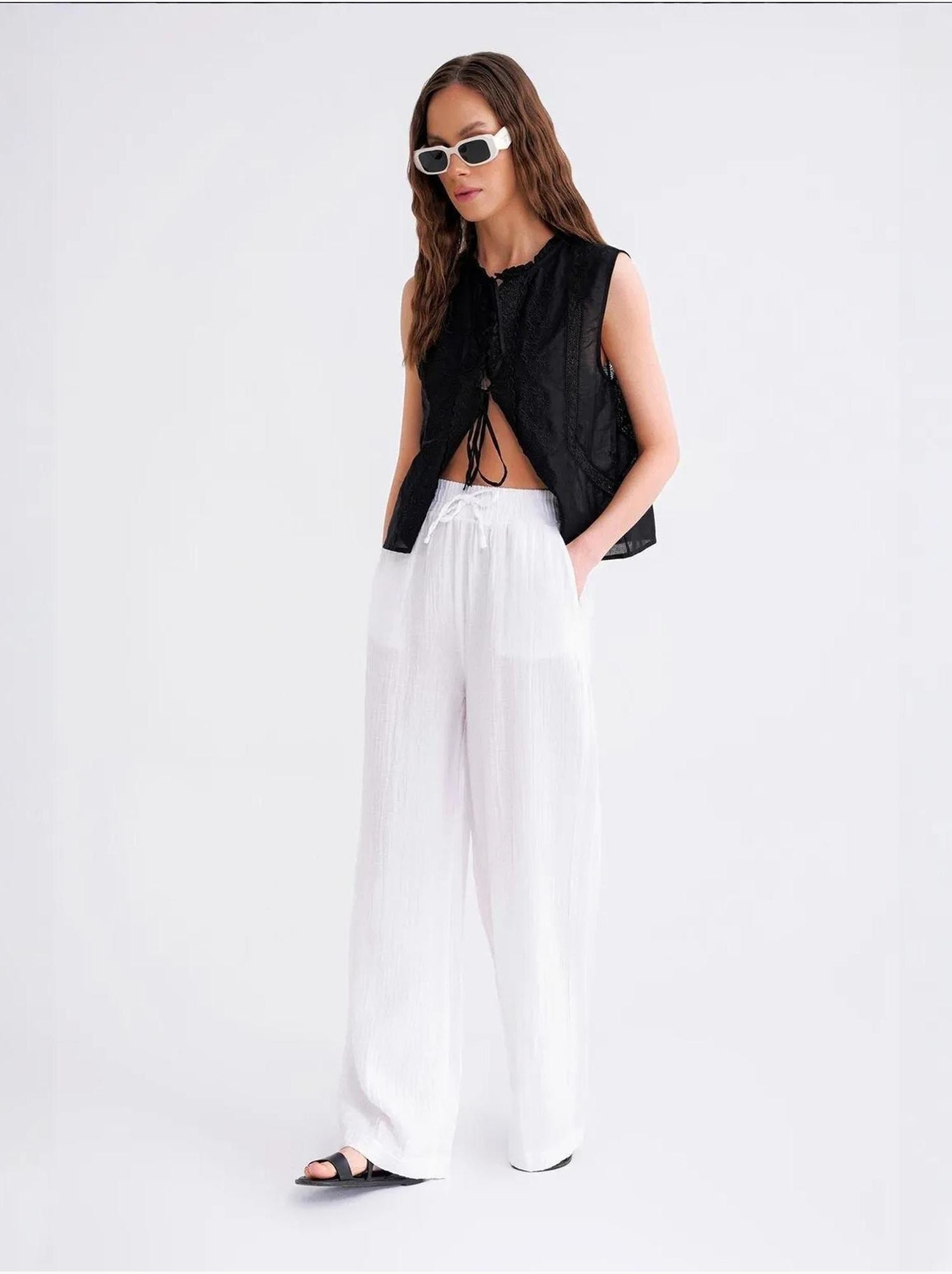 Pantalon palazzo texturé taille haute mixray - Blanc