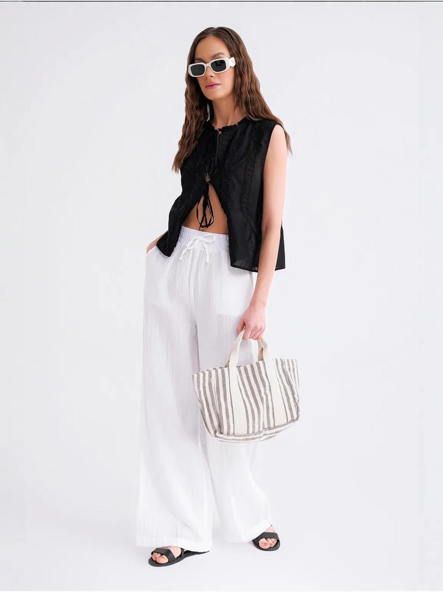 Pantalon palazzo texturé taille haute mixray - Blanc