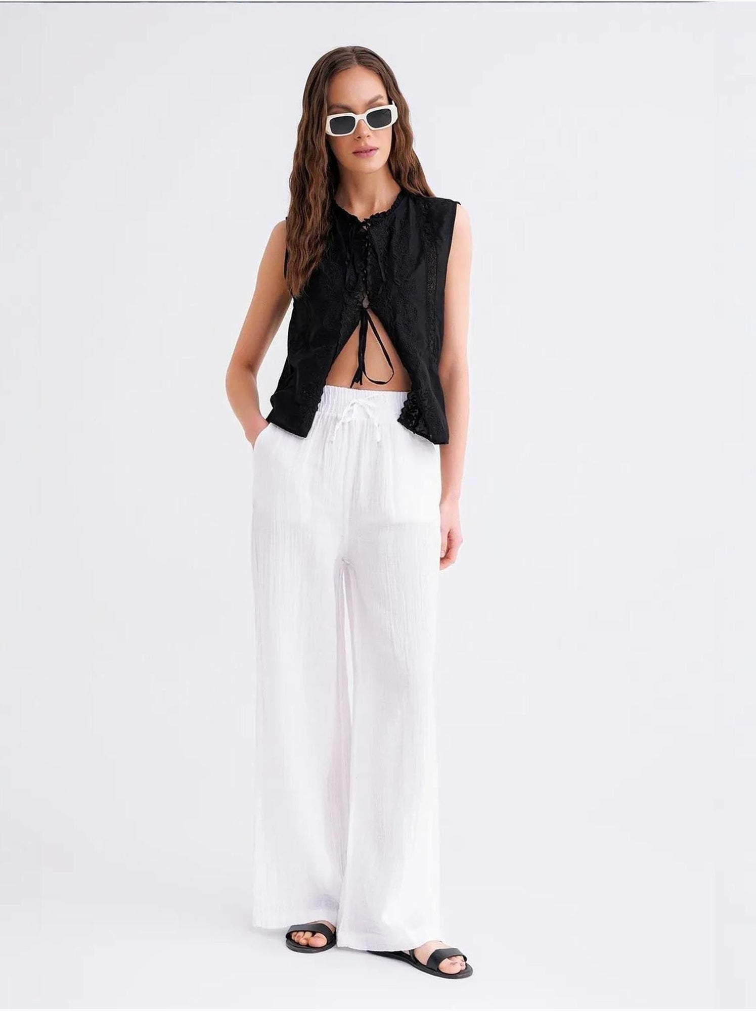 Pantalon palazzo texturé taille haute mixray - Blanc