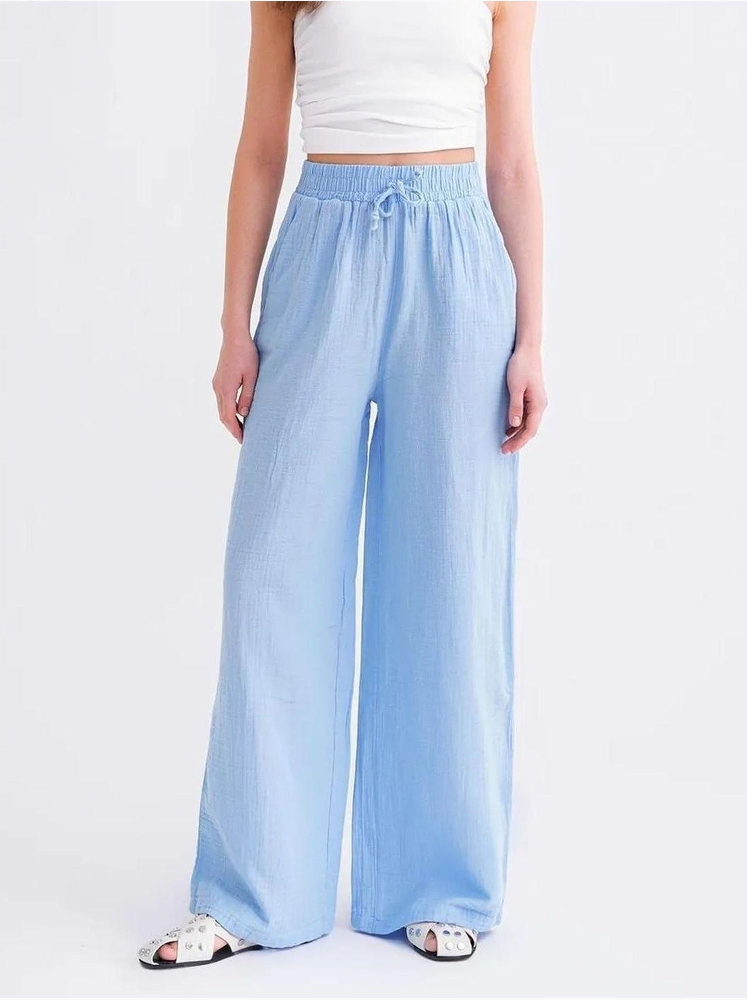 Pantalon palazzo texturé taille haute mixray - Bleu ciel