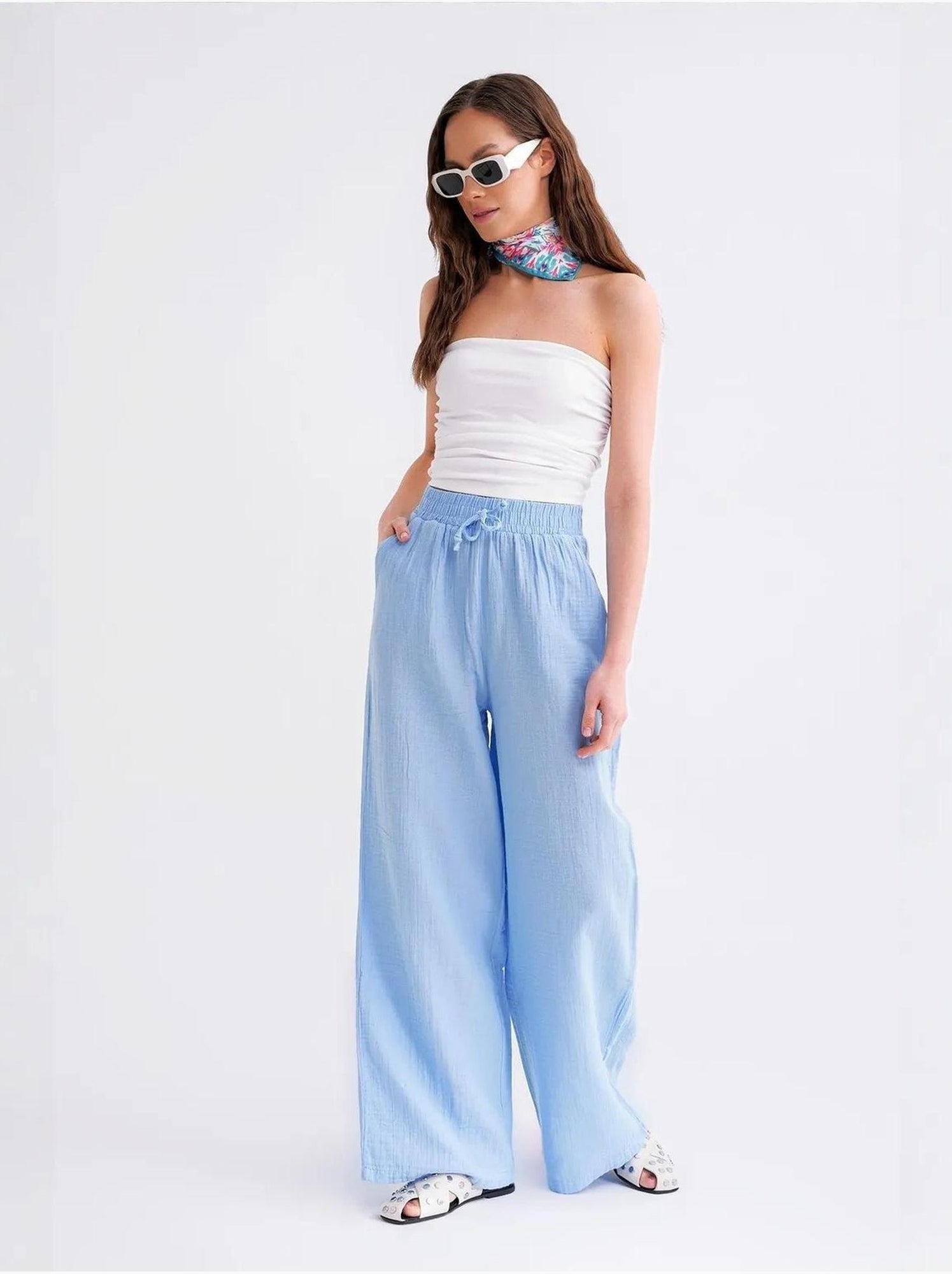 Pantalon palazzo texturé taille haute mixray - Bleu ciel