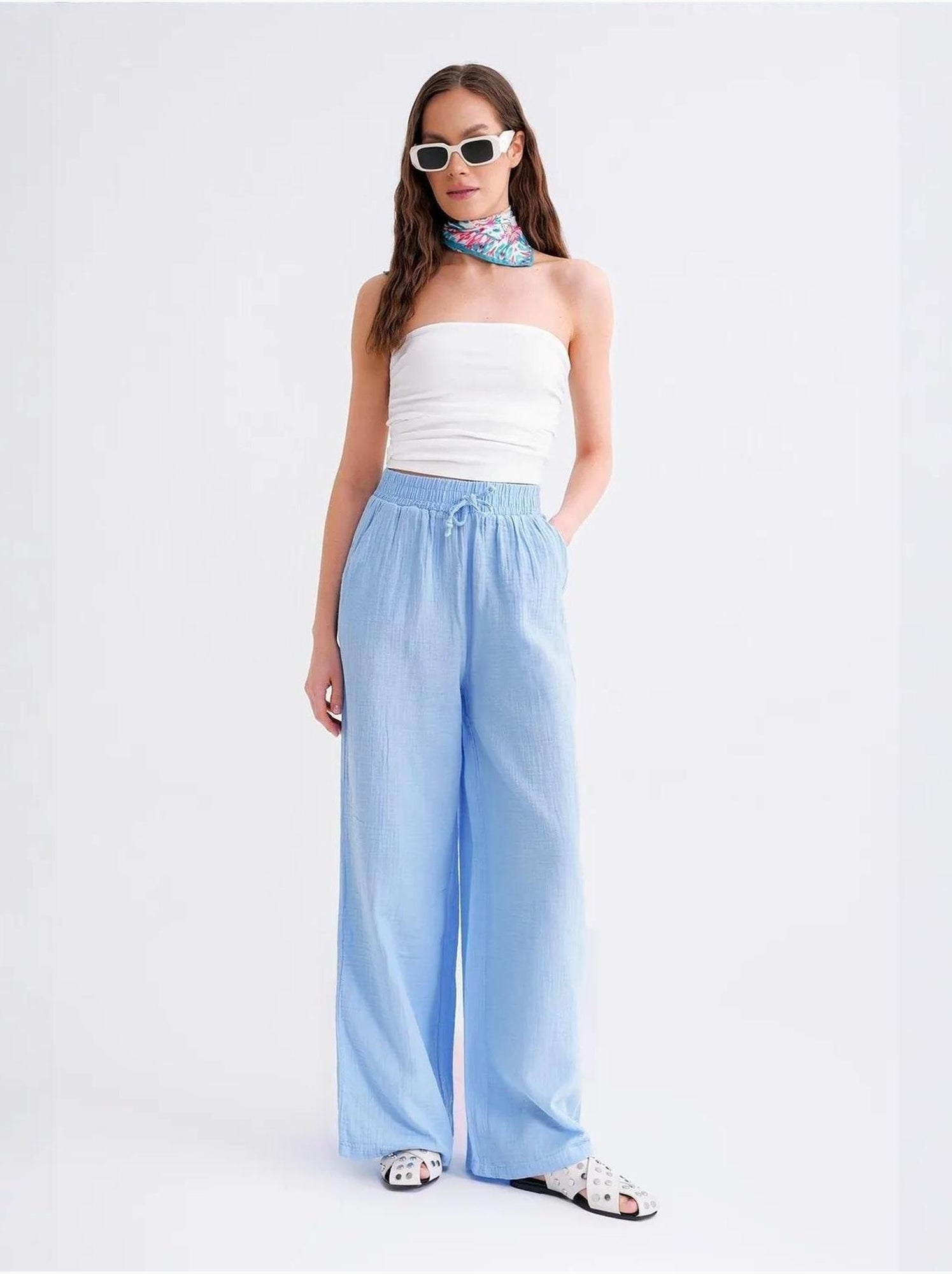 Pantalon palazzo texturé taille haute mixray - Bleu ciel