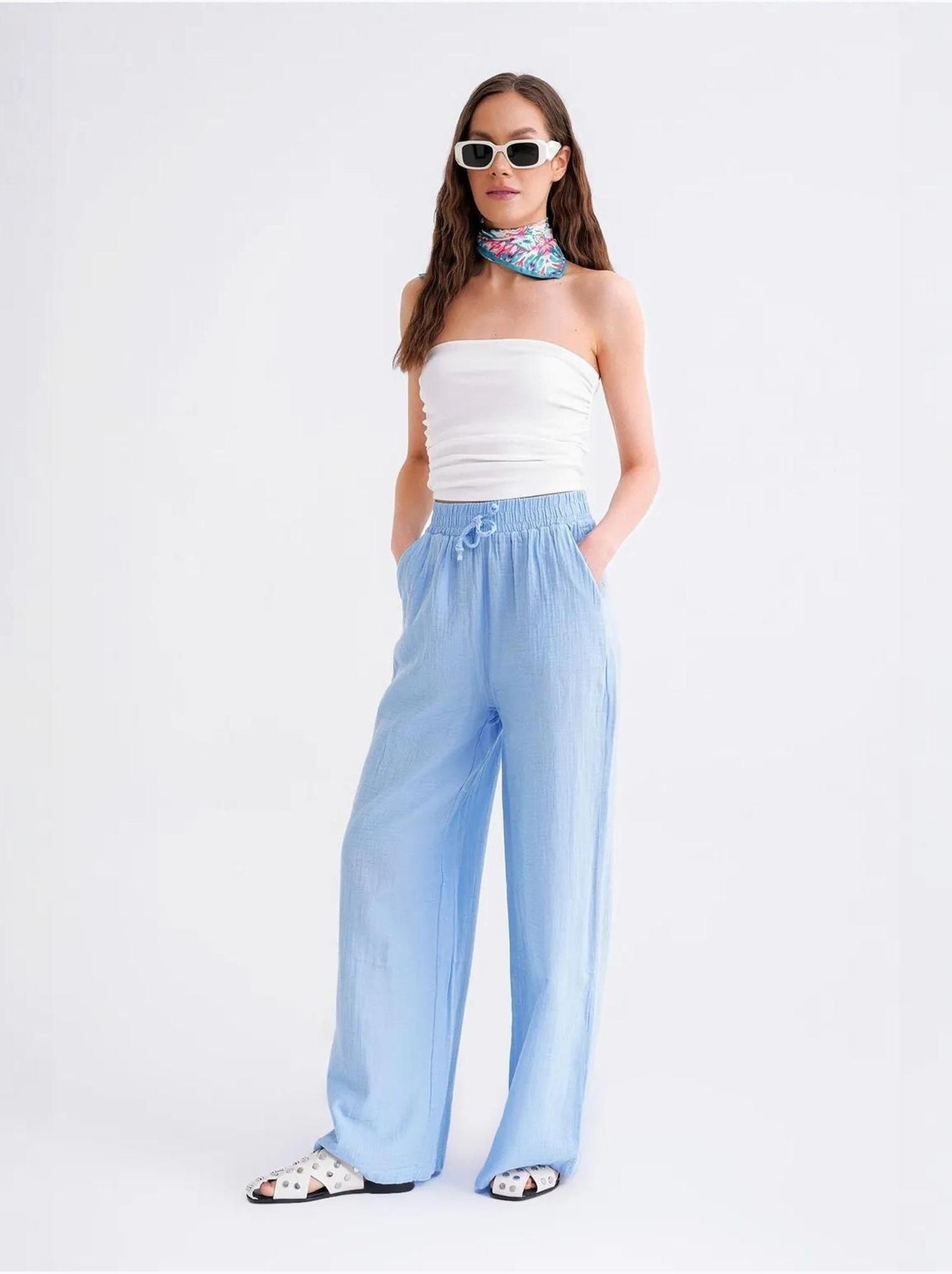 Pantalon palazzo texturé taille haute mixray - Bleu ciel