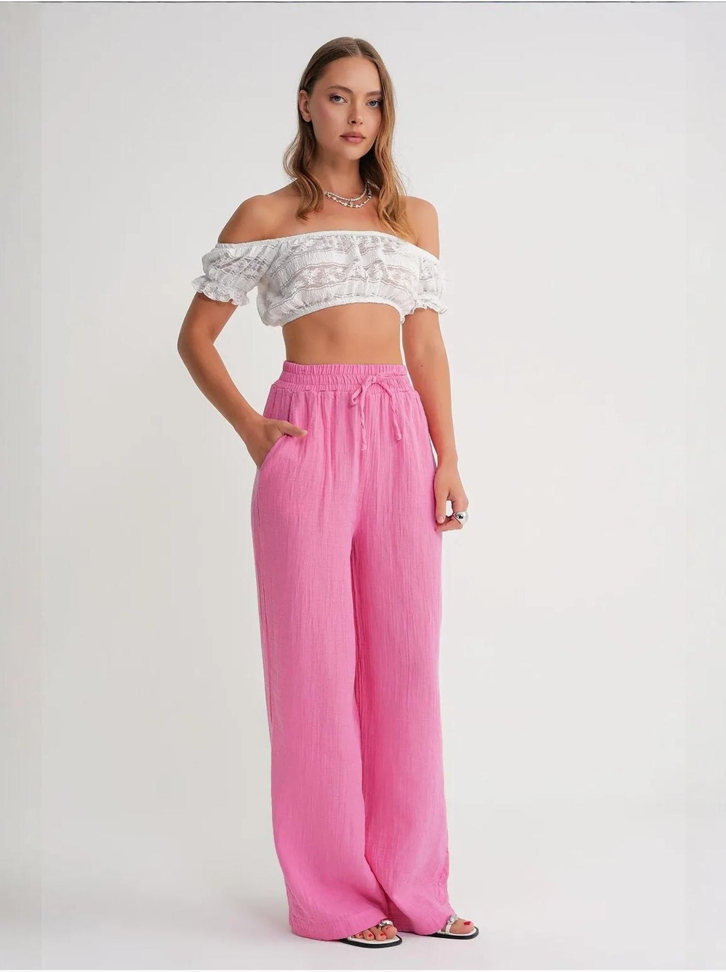 Pantalon palazzo texturé taille haute mixray - Rose