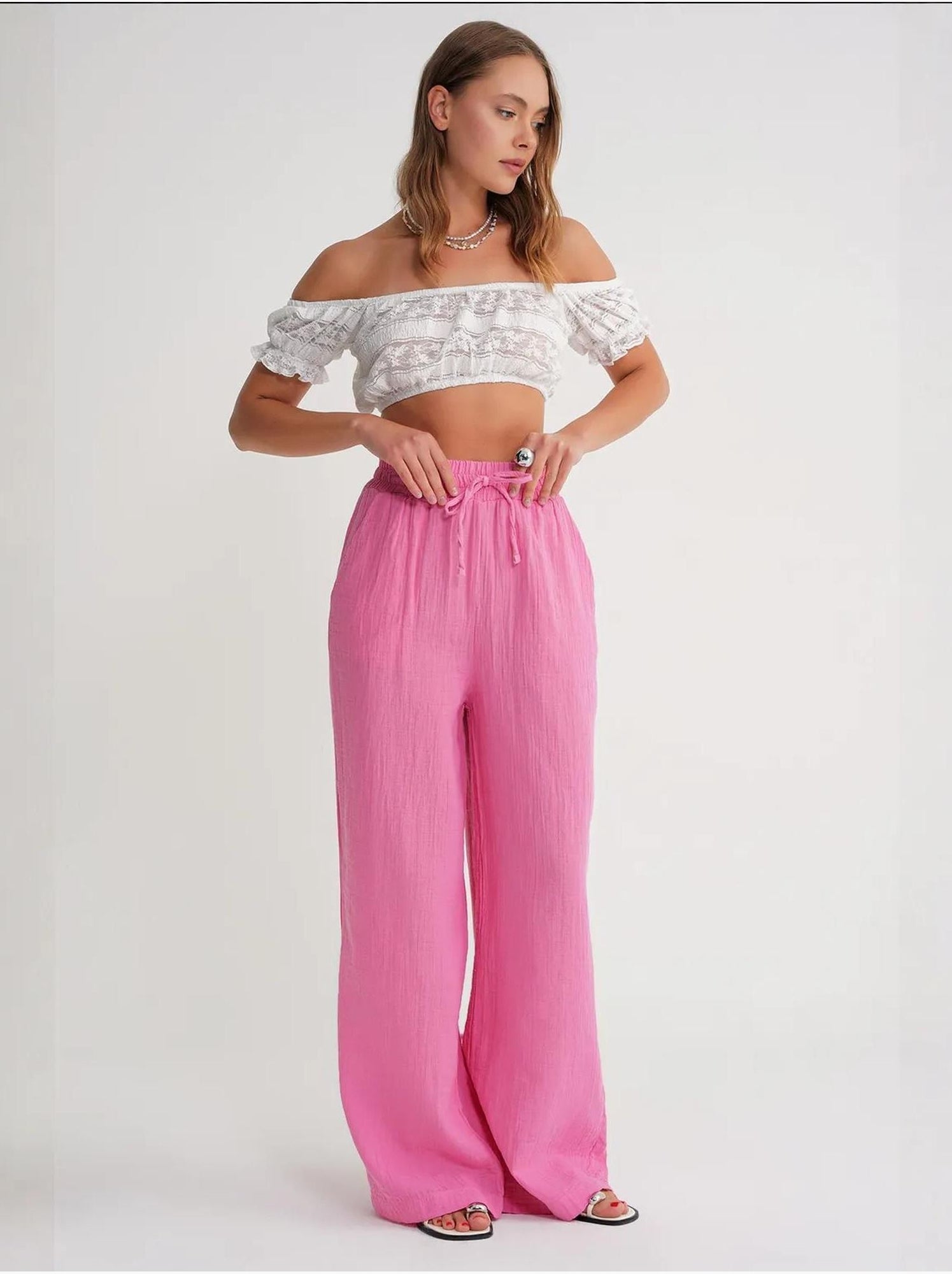 Pantalon palazzo texturé taille haute mixray - Rose