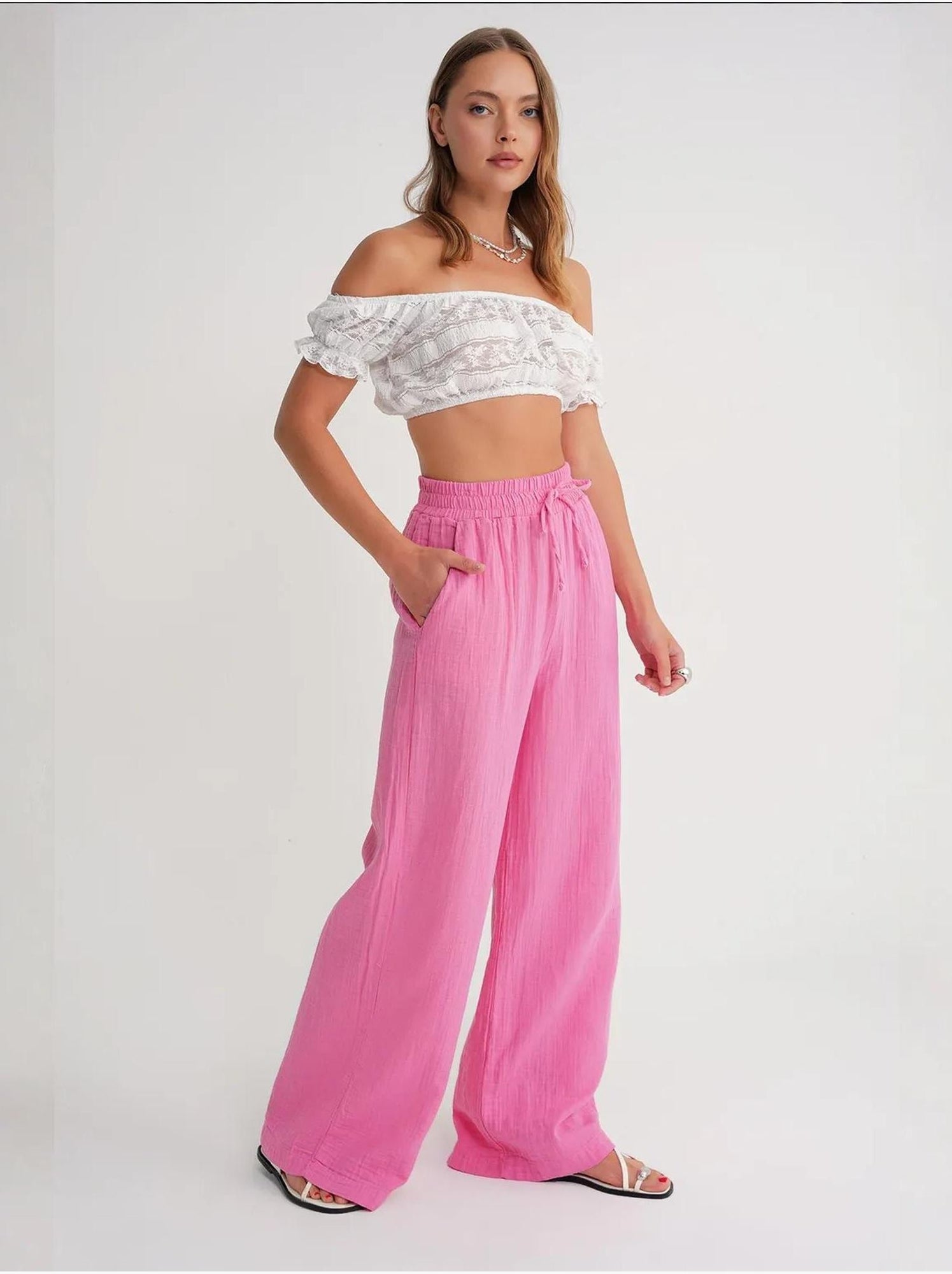 Pantalon palazzo texturé taille haute mixray - Rose