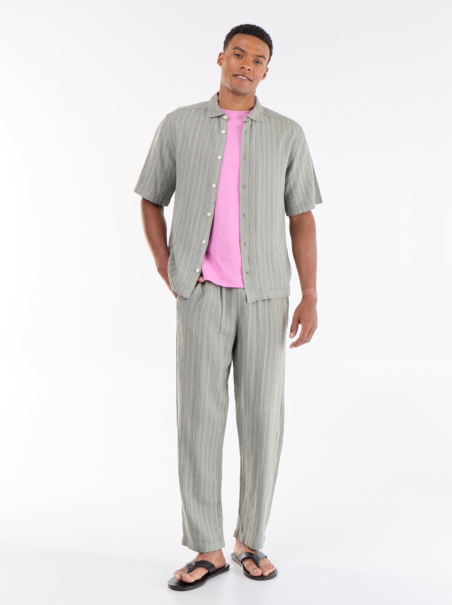 Pantalon rayé en lin mélangé - Vert