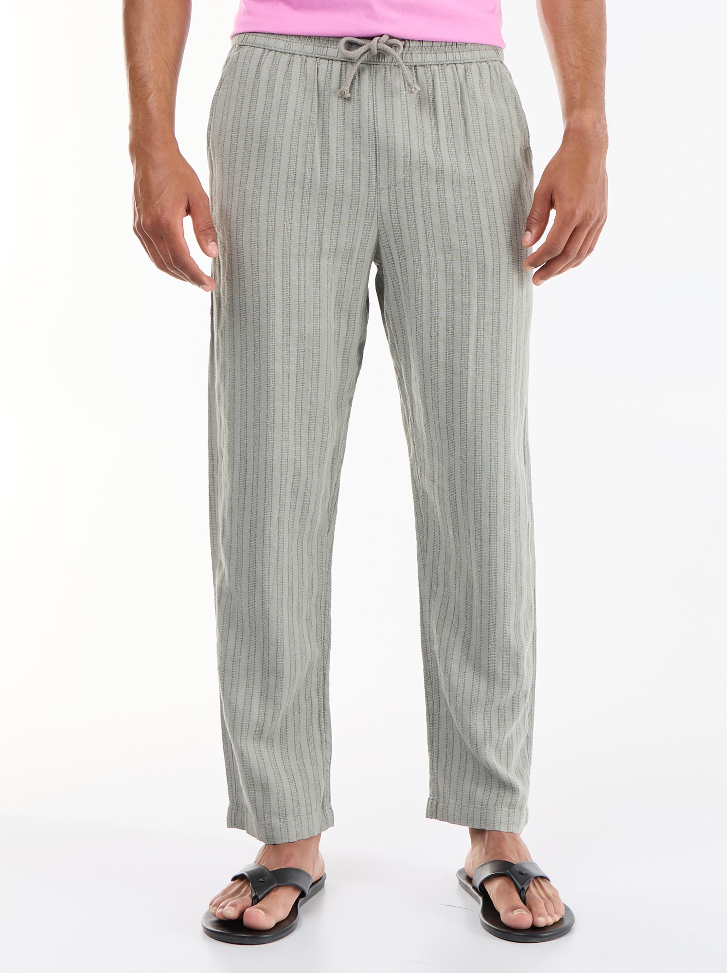 Pantalon rayé en lin mélangé - Vert