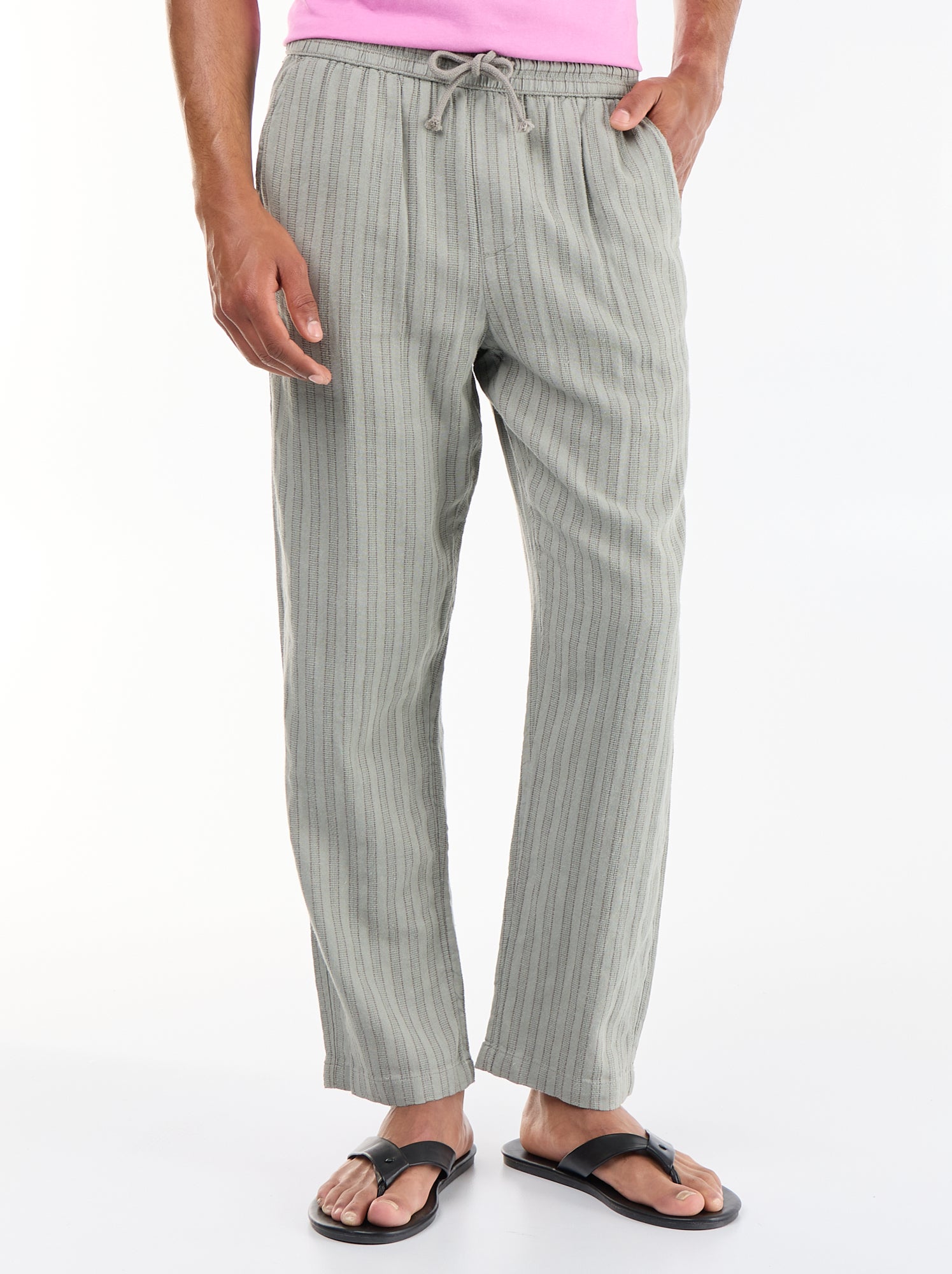Pantalon rayé en lin mélangé - Vert