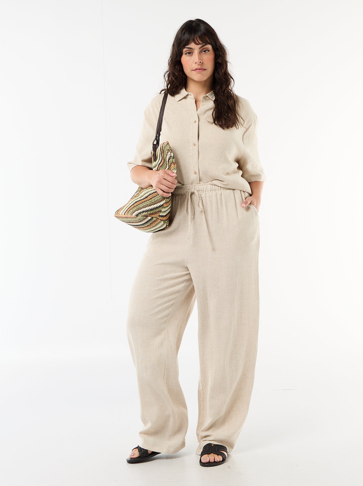 Pantalon uni en lin mélangé - Beige